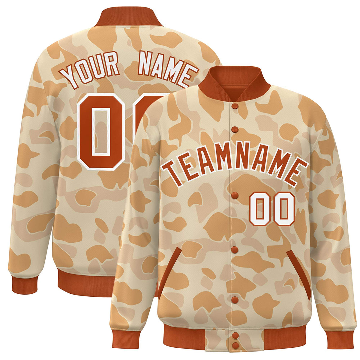 Custom Orange White Camo Varsity Full-Snap Letterman Bomber Jacket