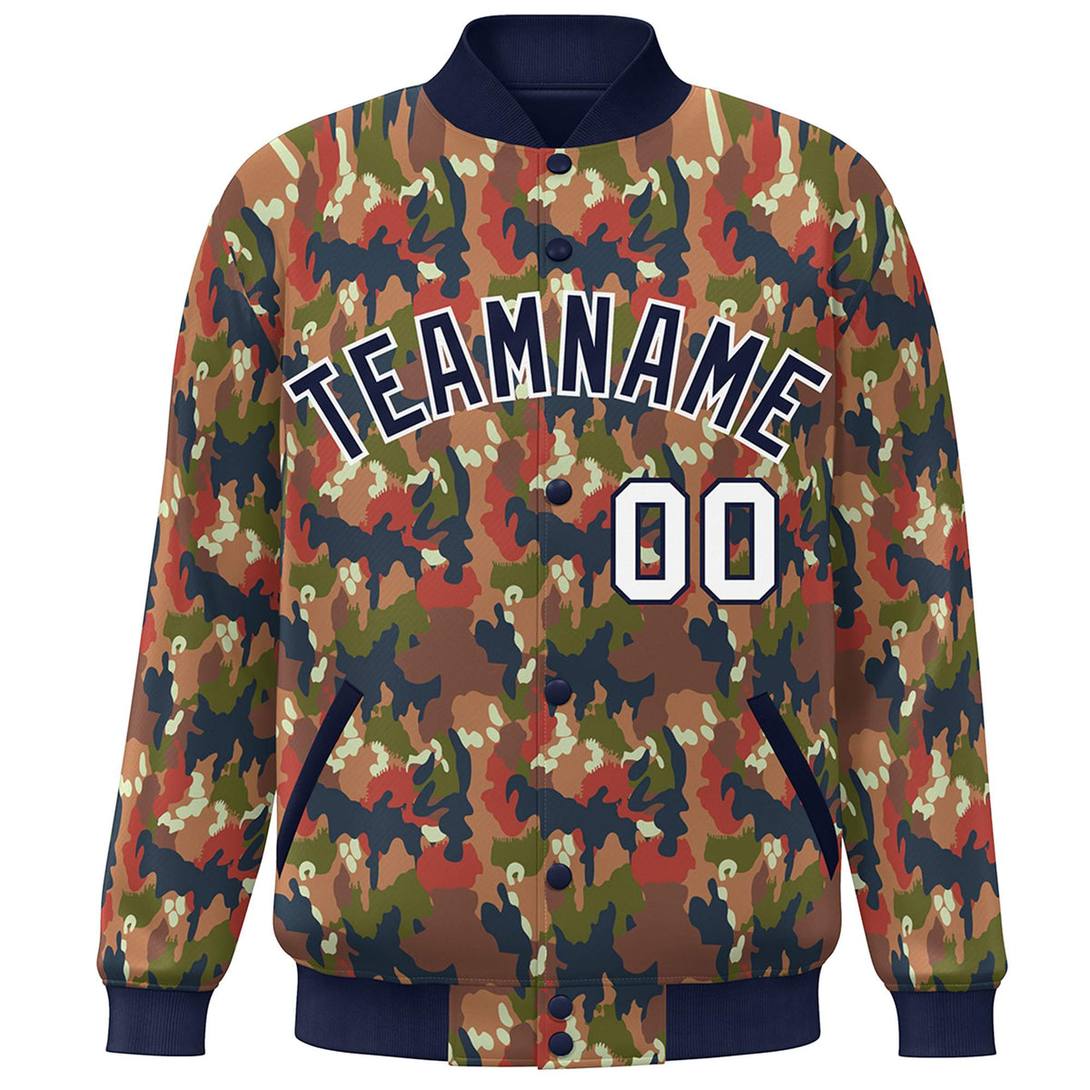 Custom Navy White Camo Varsity Full-Snap Letterman Bomber Jacket