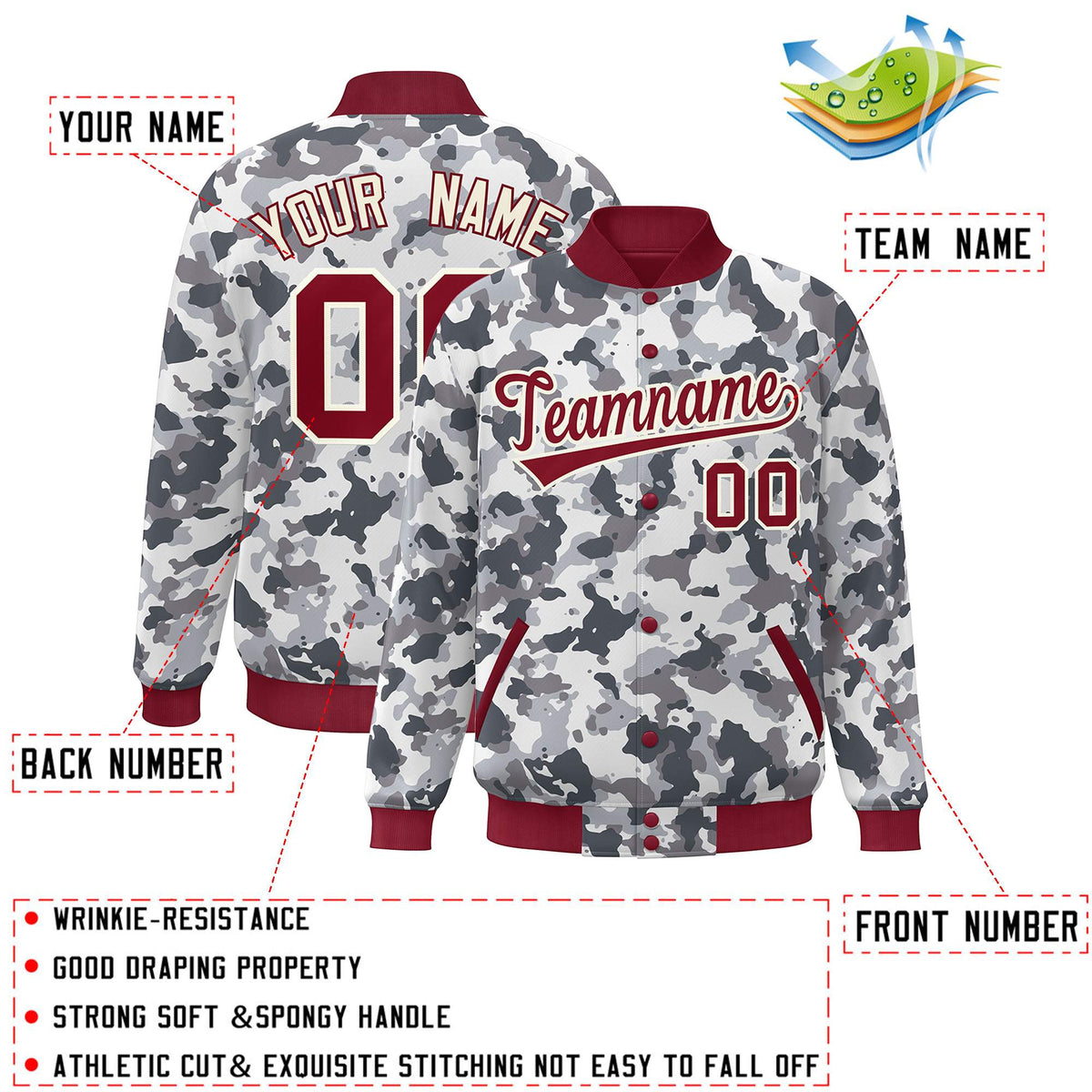 Custom Crimson White Camo Varsity Full-Snap Letterman Bomber Jacket