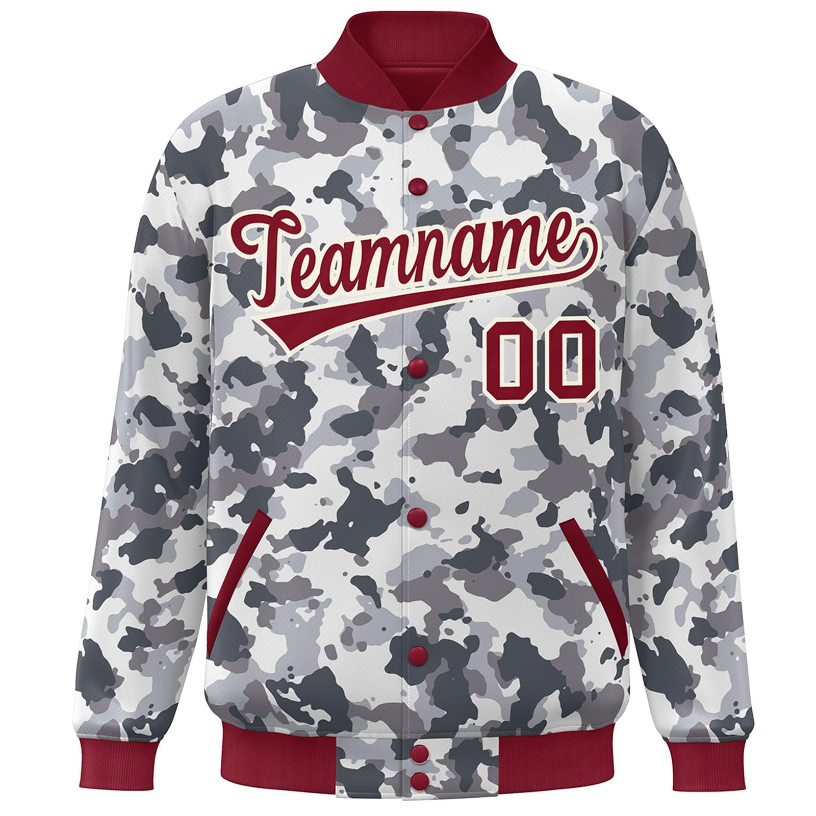 Custom Crimson White Camo Varsity Full-Snap Letterman Bomber Jacket