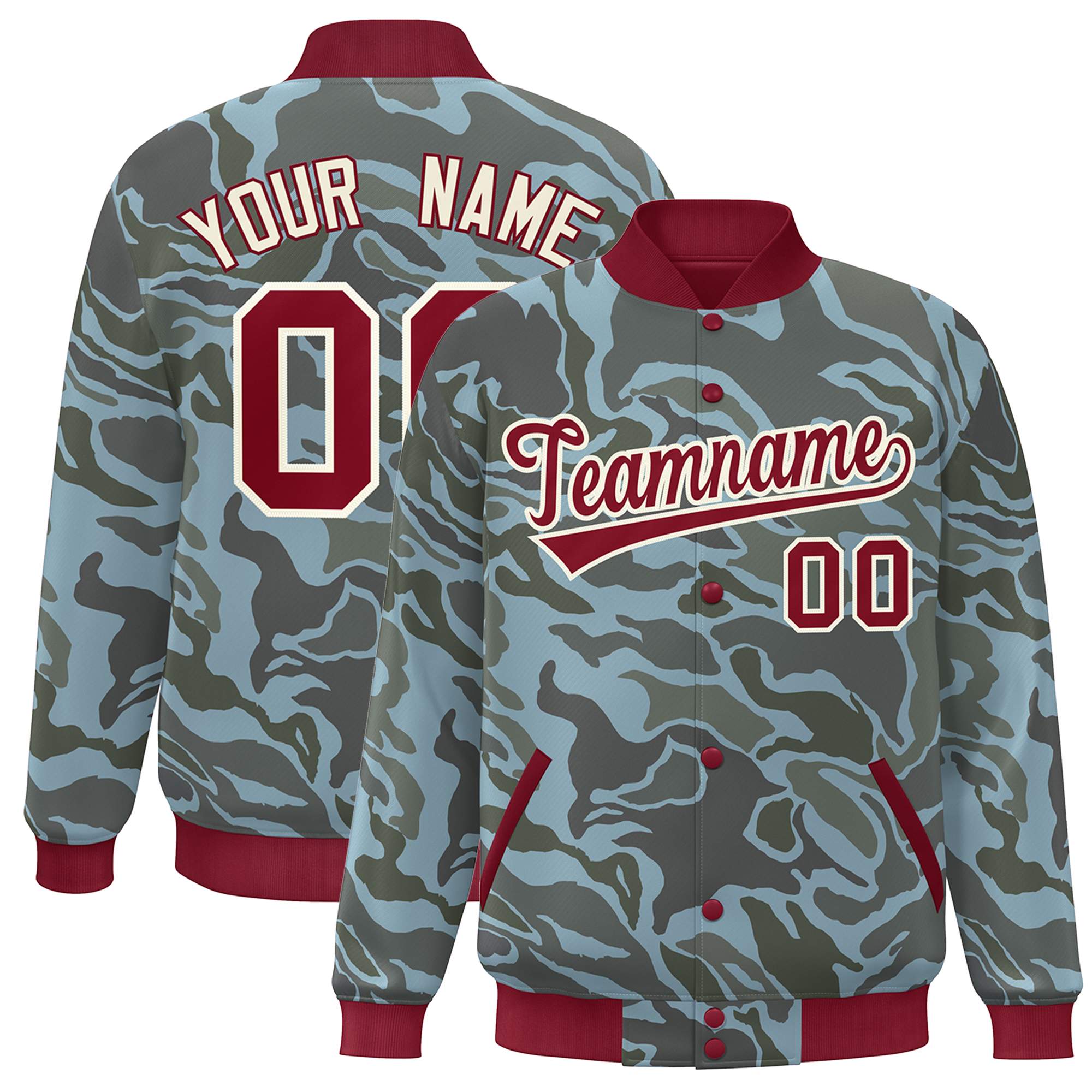 Custom Crimson White Camo Varsity Full-Snap Letterman Bomber Jacket