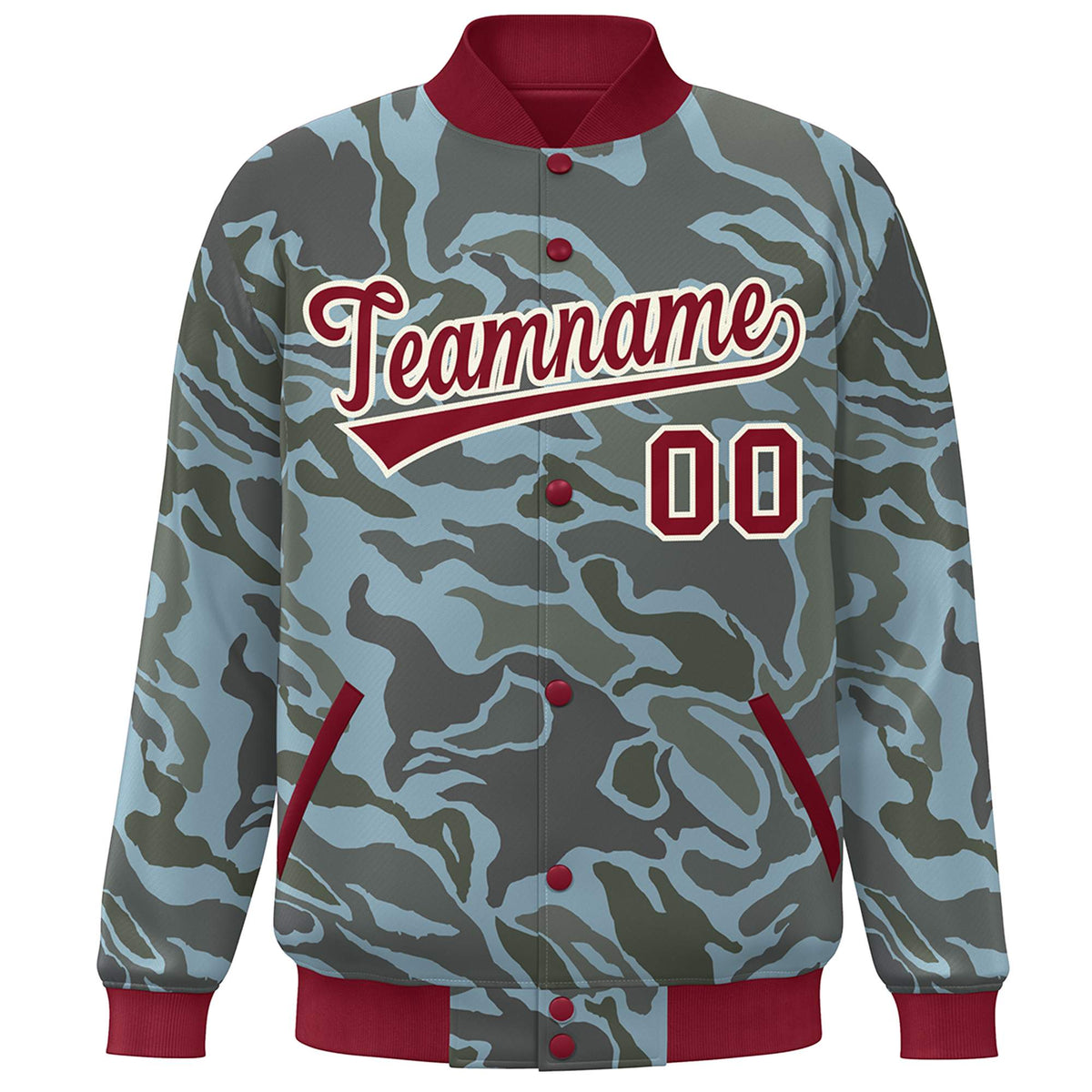 Custom Crimson White Camo Varsity Full-Snap Letterman Bomber Jacket