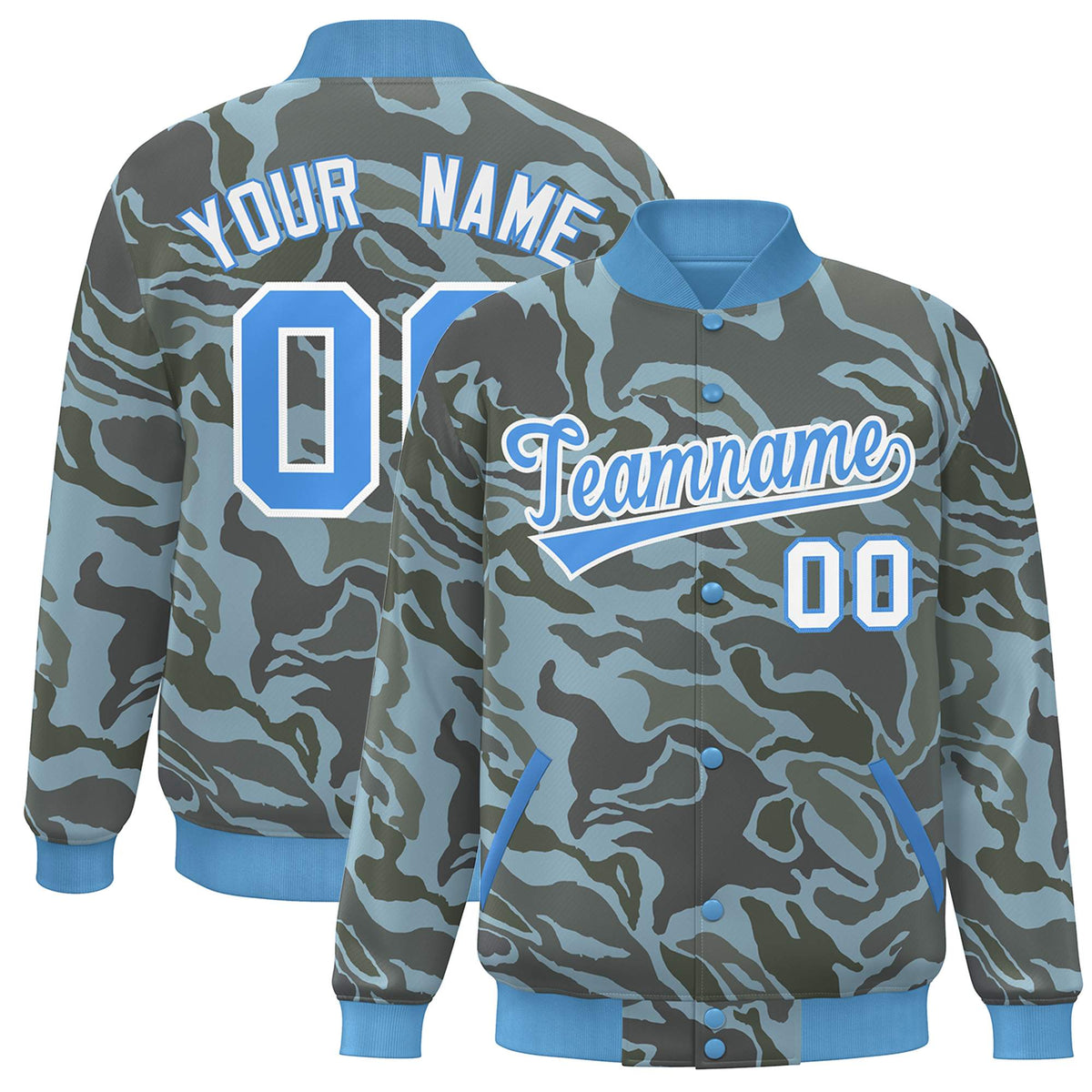 Custom Powder Blue White Camo Varsity Full-Snap Letterman Bomber Jacket