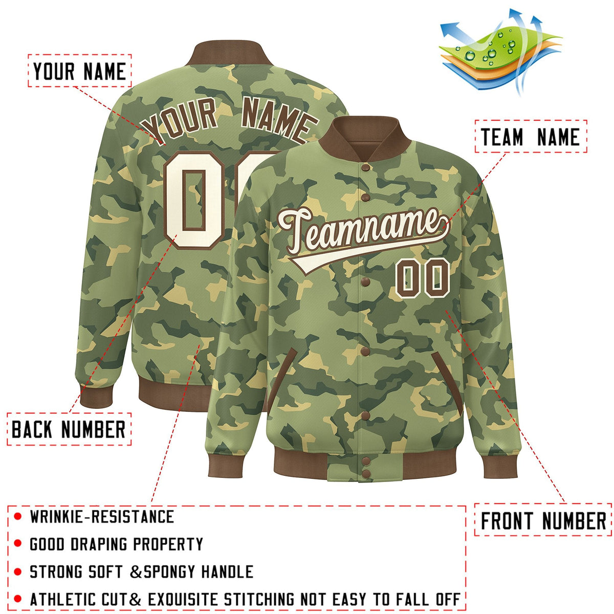 Custom Brown White Camo Varsity Full-Snap Letterman Bomber Jacket