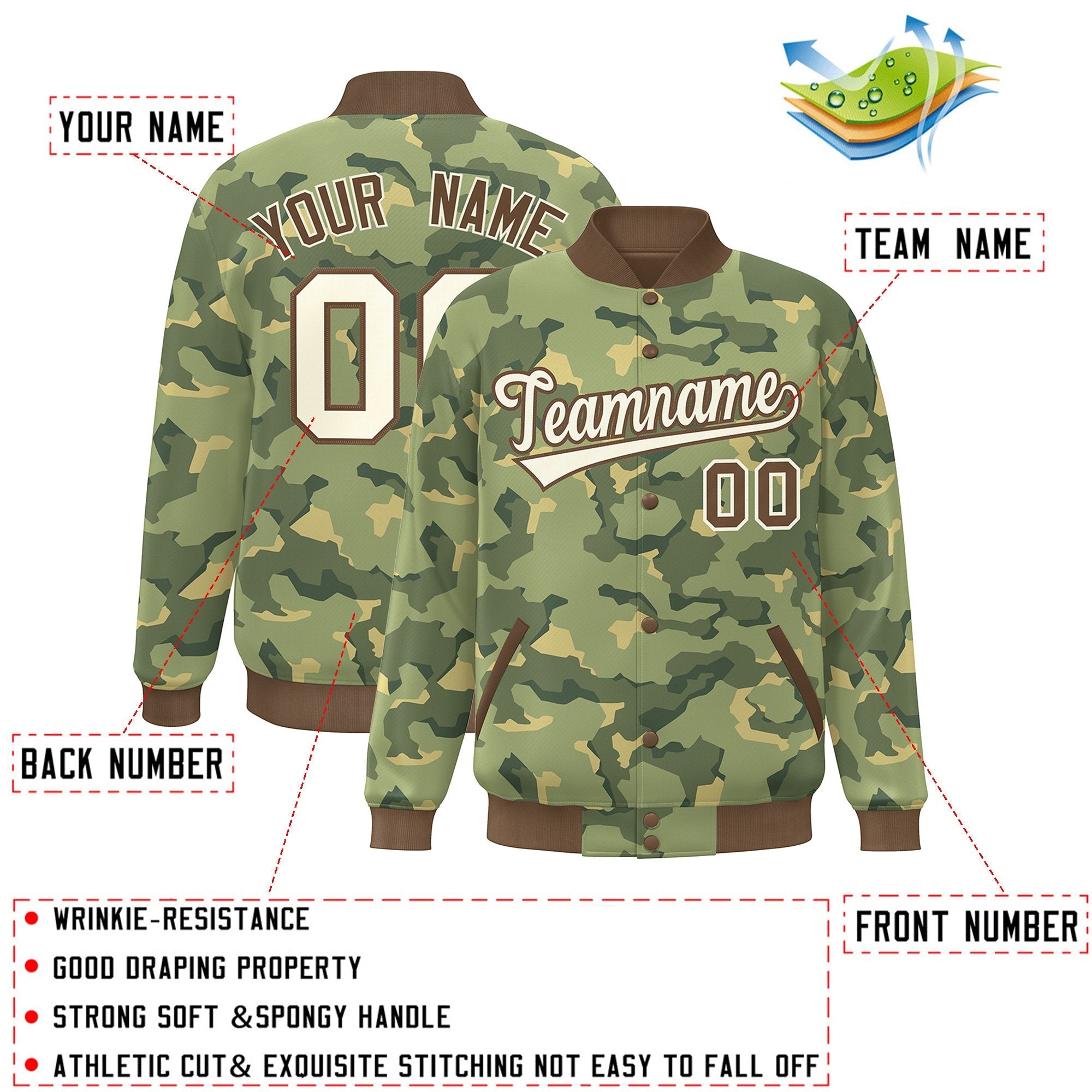 Custom Brown White Camo Varsity Full-Snap Letterman Bomber Jacket