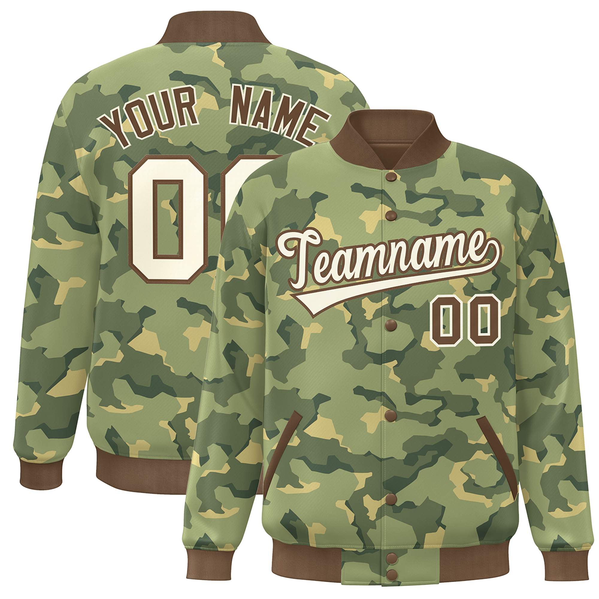 Custom Brown White Camo Varsity Full-Snap Letterman Bomber Jacket