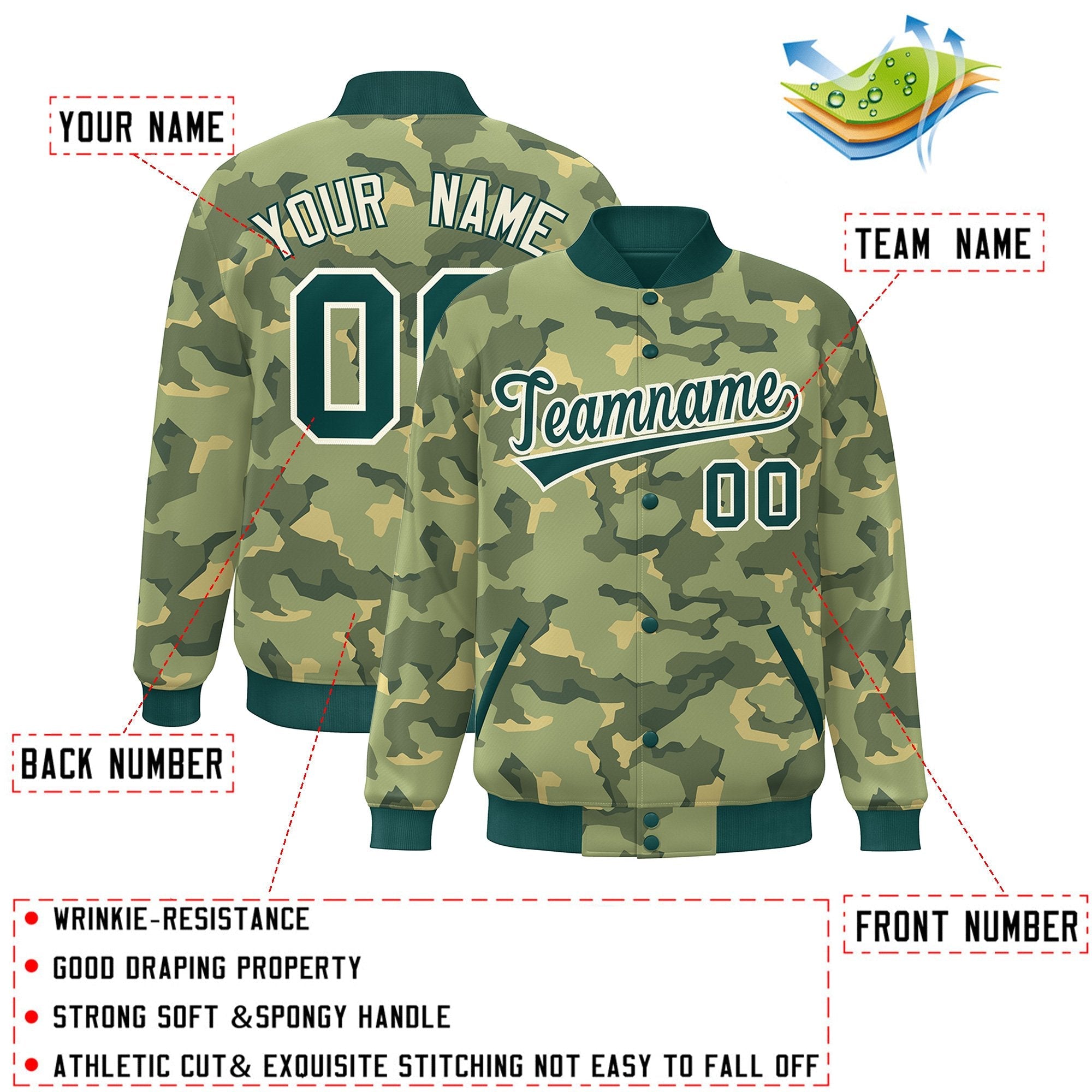Custom Green White Camo Varsity Full-Snap Letterman Bomber Jacket