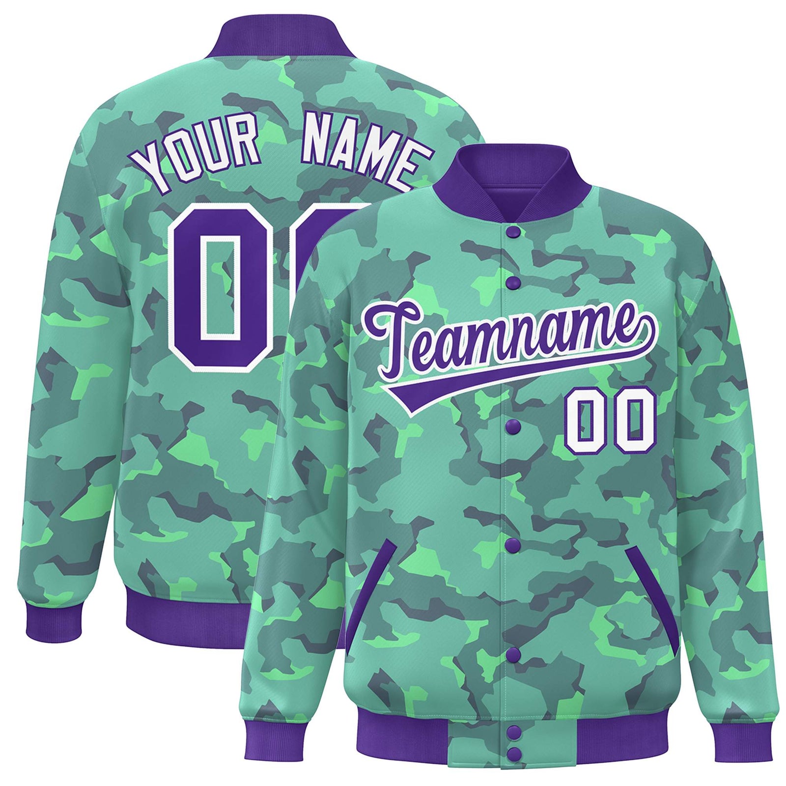 Custom Purple White Camo Varsity Full-Snap Letterman Bomber Jacket
