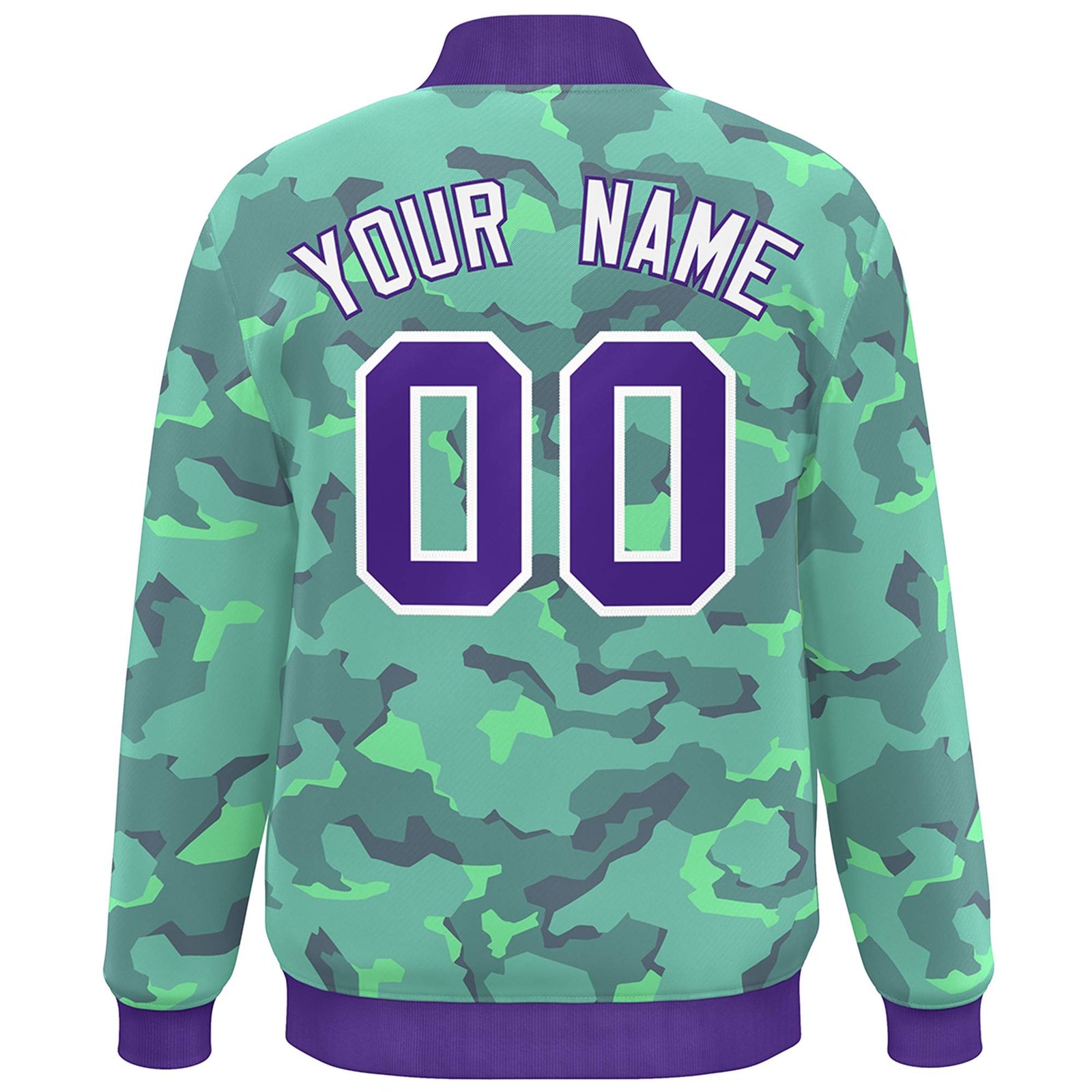Custom Purple White Camo Varsity Full-Snap Letterman Bomber Jacket