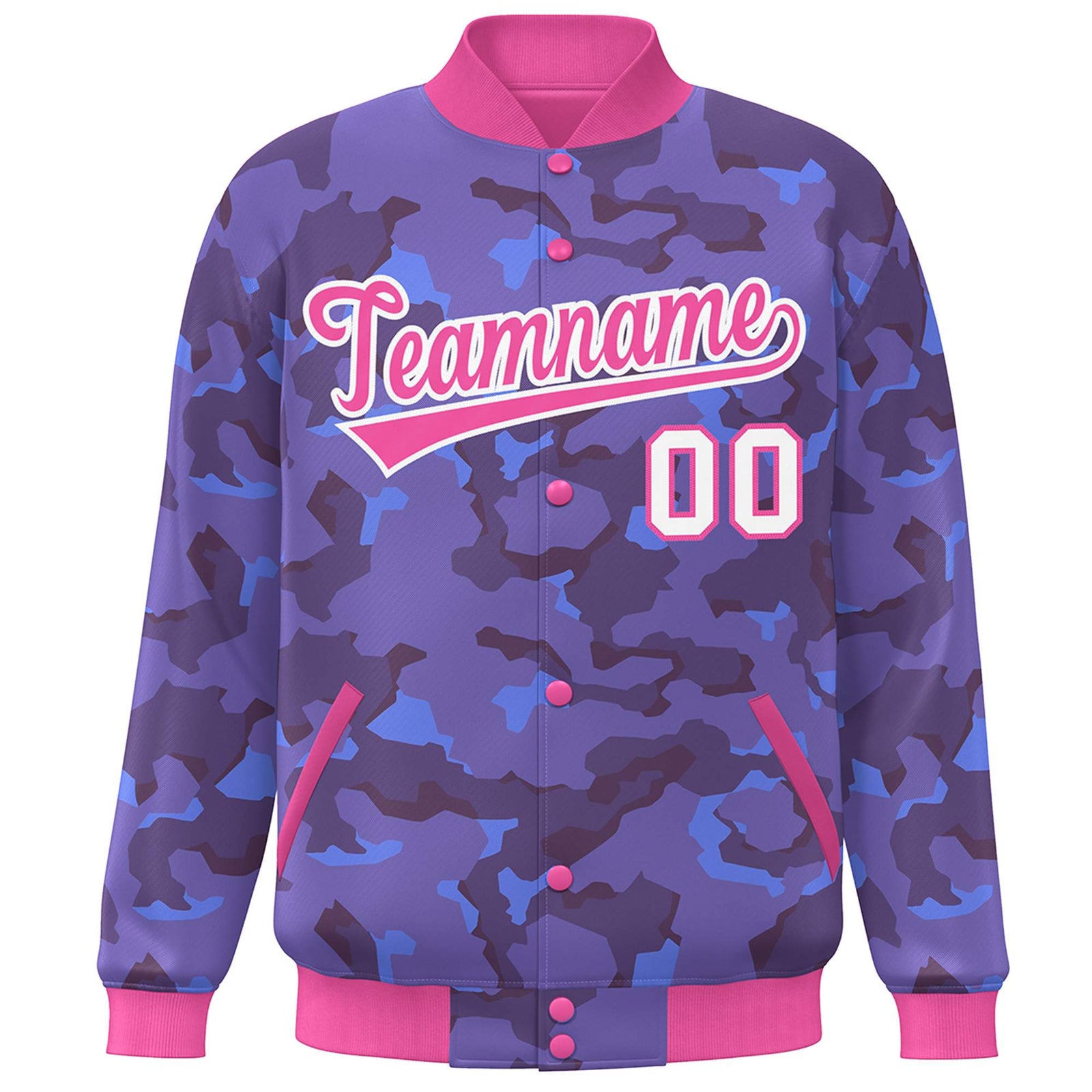 Custom Pink White Camo Varsity Full-Snap Letterman Bomber Jacket