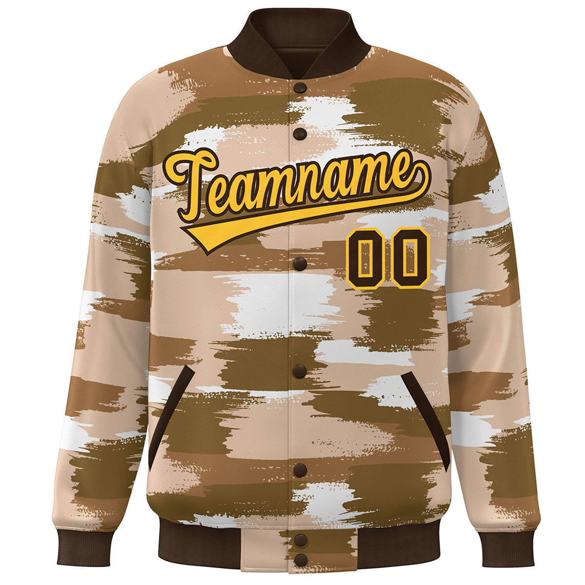 Custom Brown Gold Camo Varsity Full-Snap Letterman Bomber Jacket