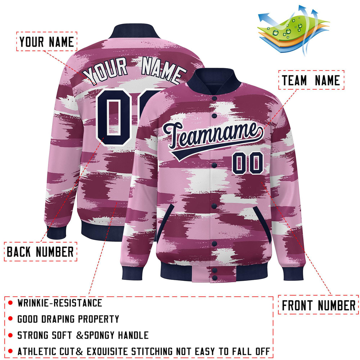 Custom Navy White Camo Varsity Full-Snap Letterman Bomber Jacket