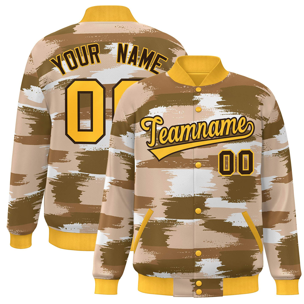 Custom Yellow Brown Camo Varsity Full-Snap Letterman Bomber Jacket