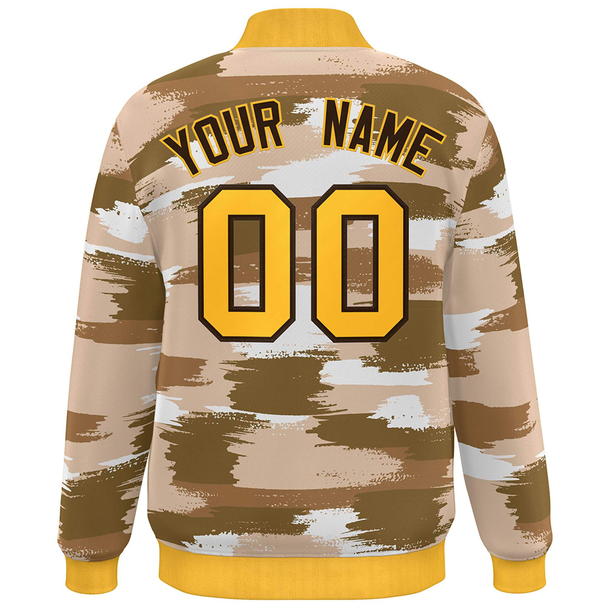 Custom Yellow Brown Camo Varsity Full-Snap Letterman Bomber Jacket