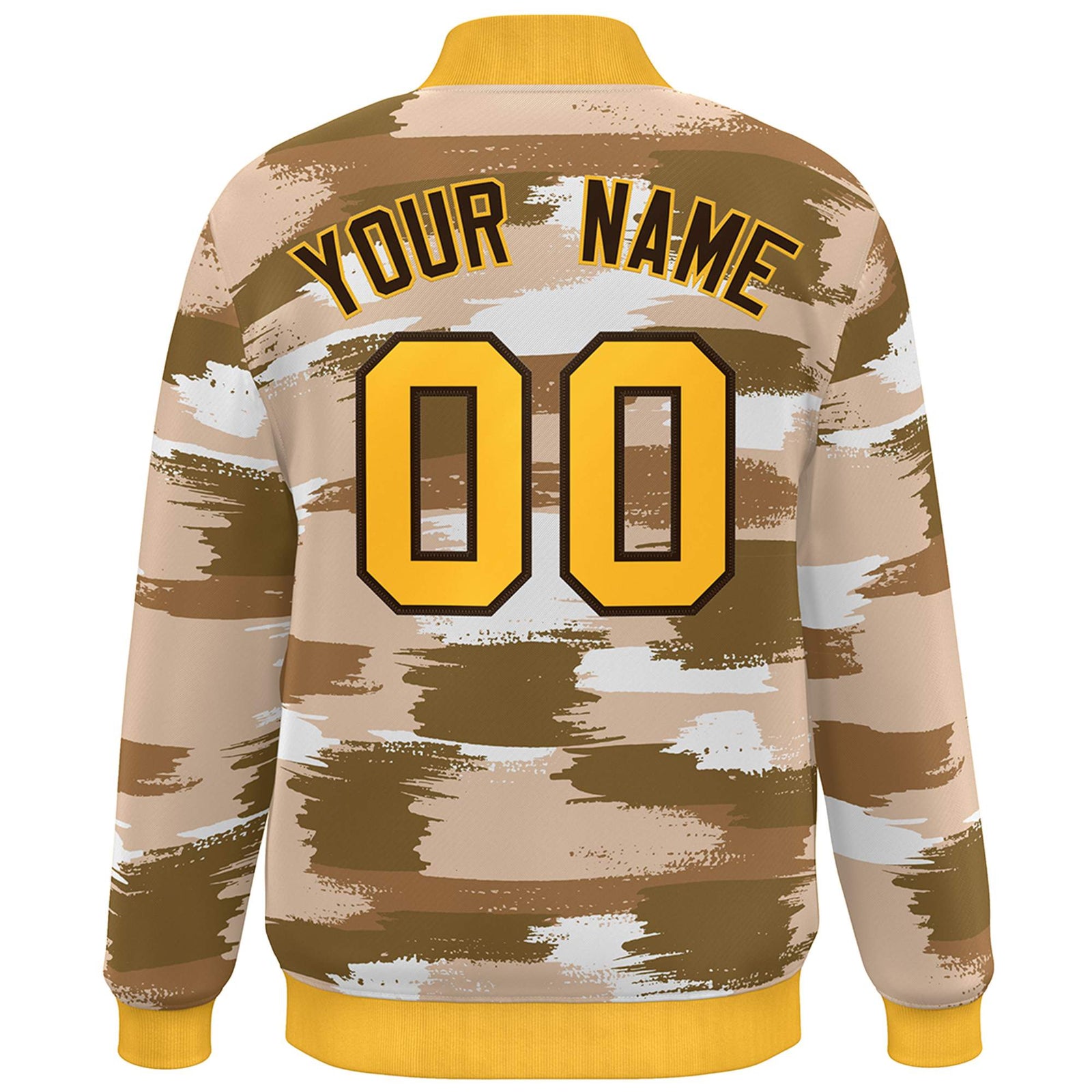 Custom Yellow Brown Camo Varsity Full-Snap Letterman Bomber Jacket