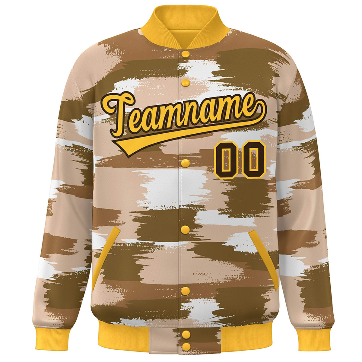 Custom Yellow Brown Camo Varsity Full-Snap Letterman Bomber Jacket