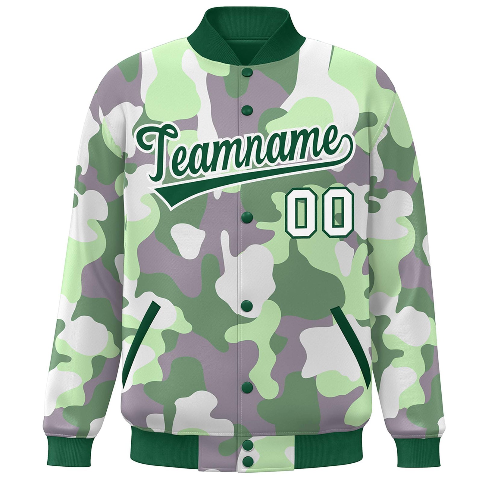 Custom Green White Camo Varsity Full-Snap Letterman Bomber Jacket