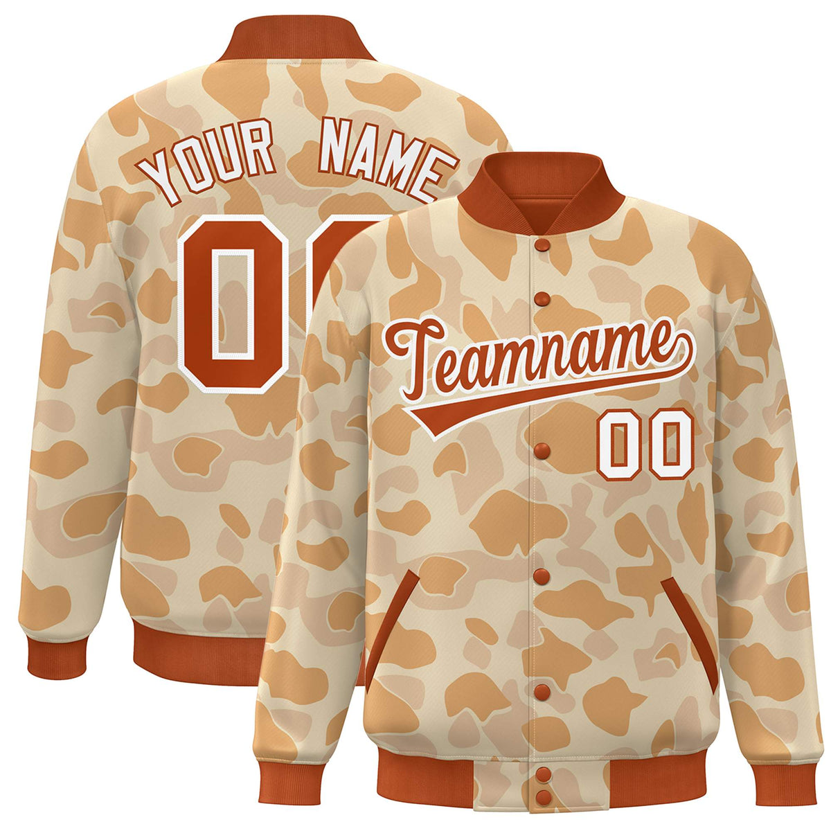 Custom Orange White Camo Varsity Full-Snap Letterman Bomber Jacket