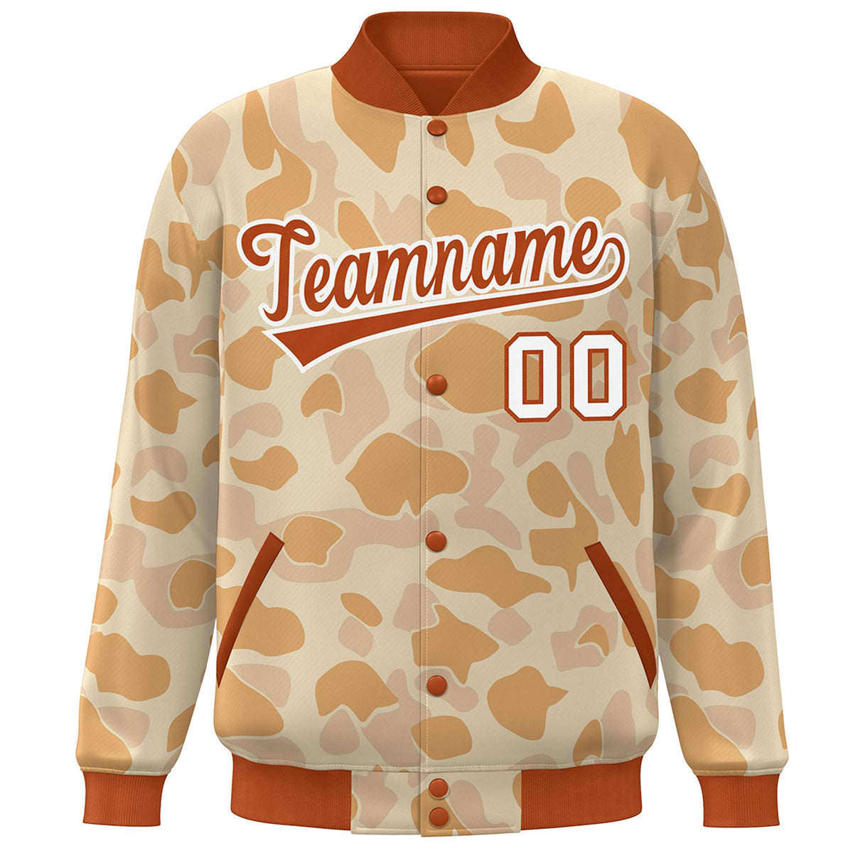 Custom Orange White Camo Varsity Full-Snap Letterman Bomber Jacket