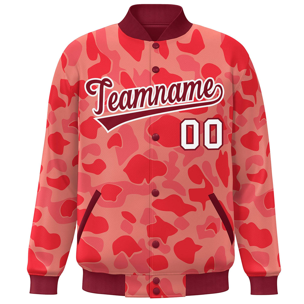 Custom Crimson White Camo Varsity Full-Snap Letterman Bomber Jacket