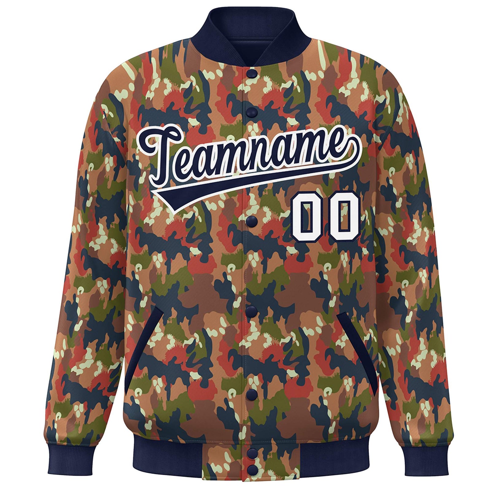 Custom Navy White Camo Varsity Full-Snap Letterman Bomber Jacket