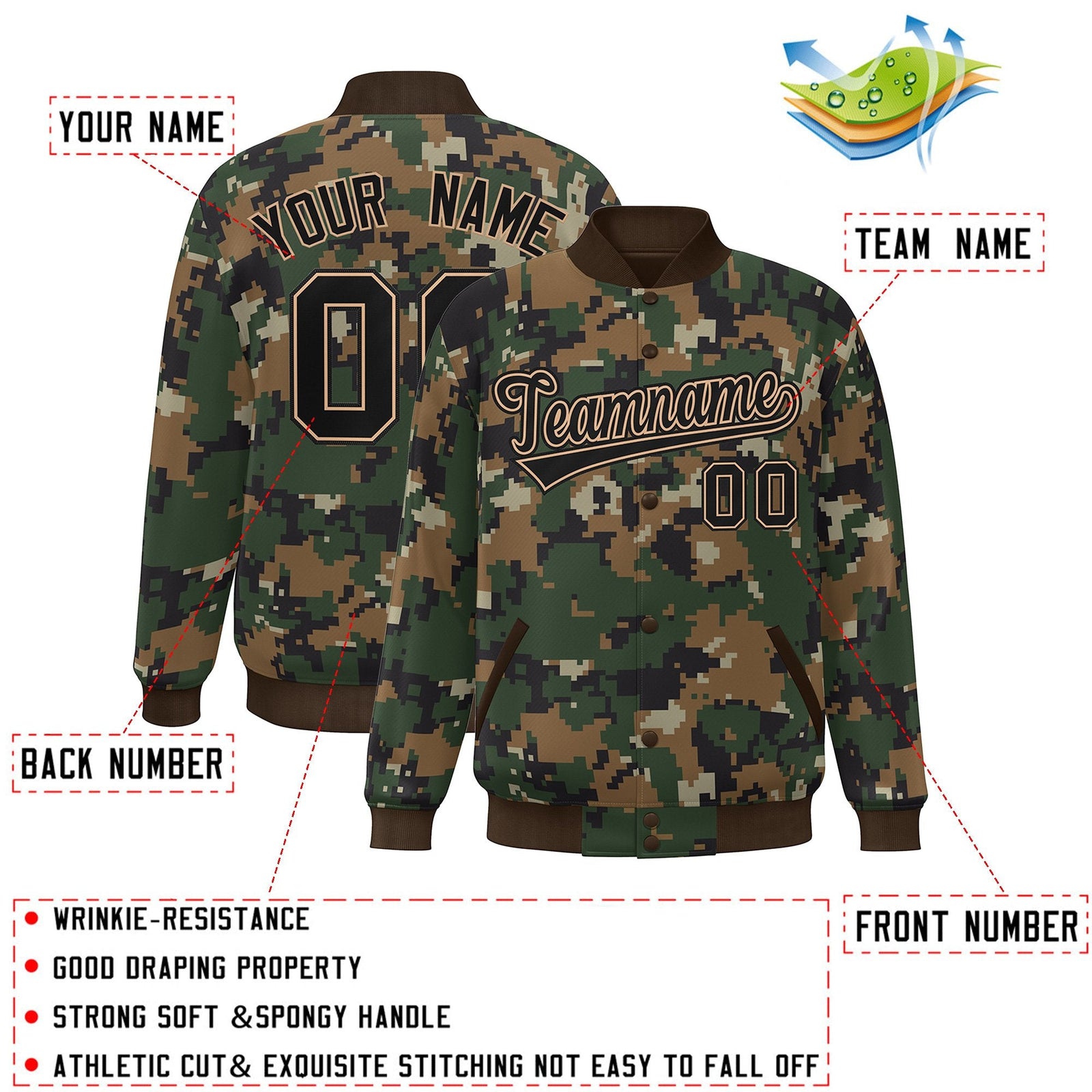 Custom Brown Black Camo Varsity Full-Snap Letterman Bomber Jacket