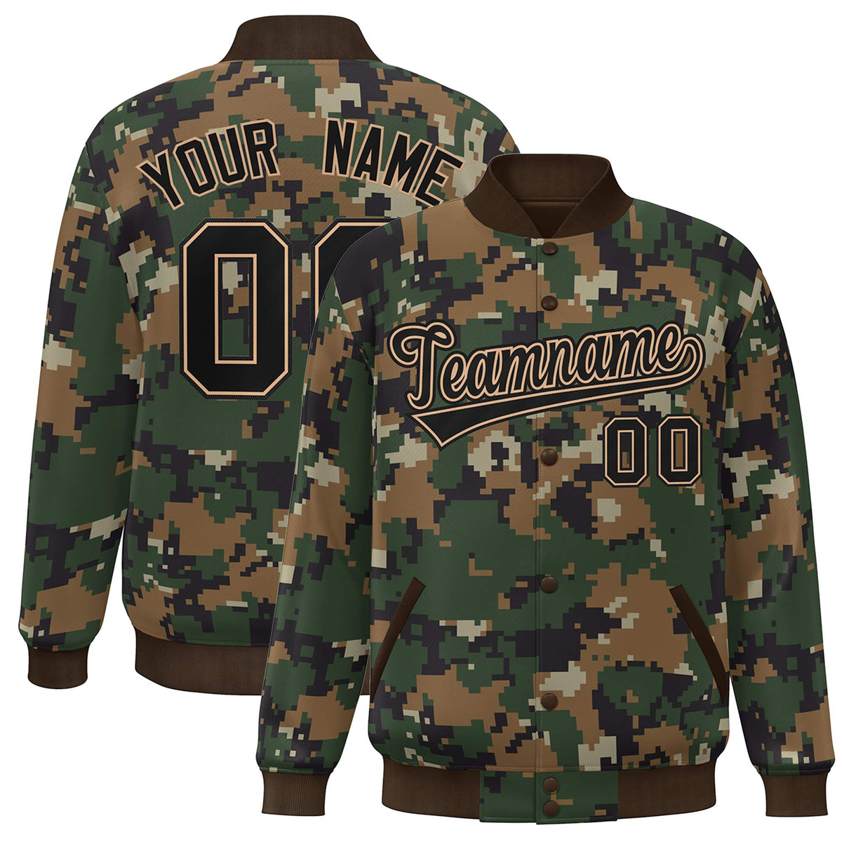 Custom Brown Black Camo Varsity Full-Snap Letterman Bomber Jacket