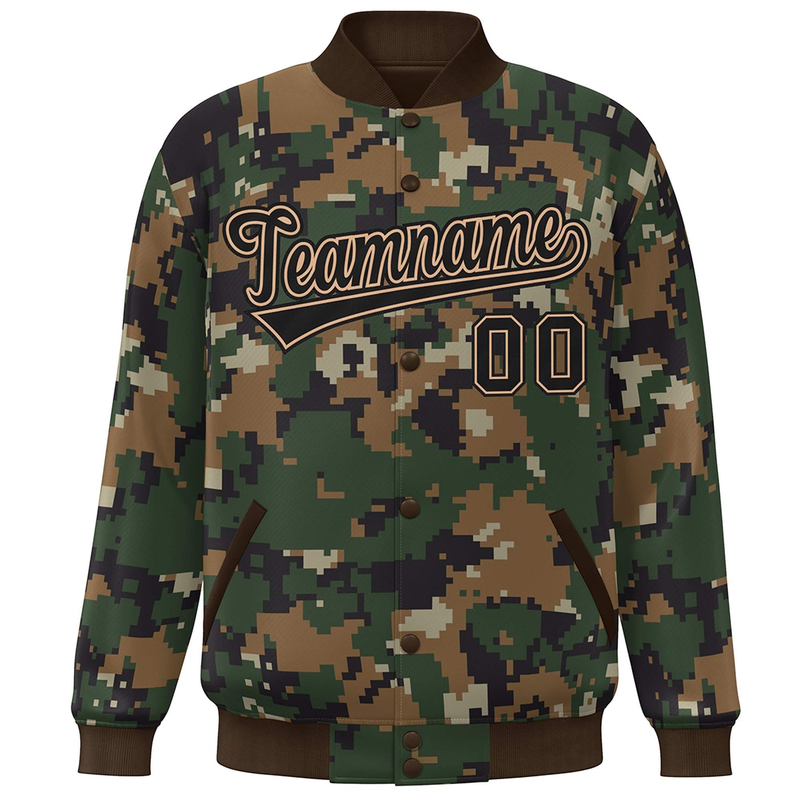 Custom Brown Black Camo Varsity Full-Snap Letterman Bomber Jacket