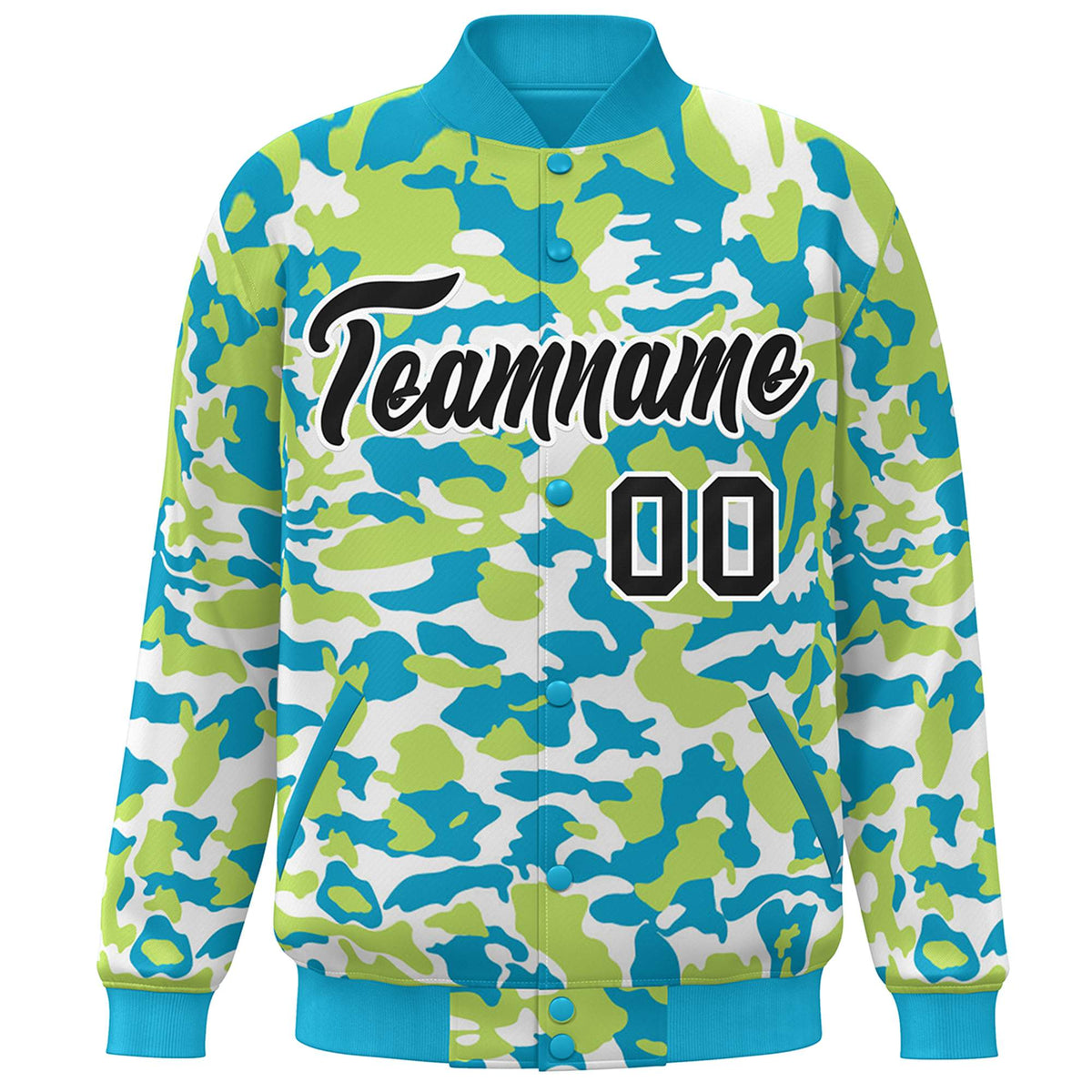 Custom Aqua Black-White Camo Varsity Full-Snap Letterman Bomber Jacket