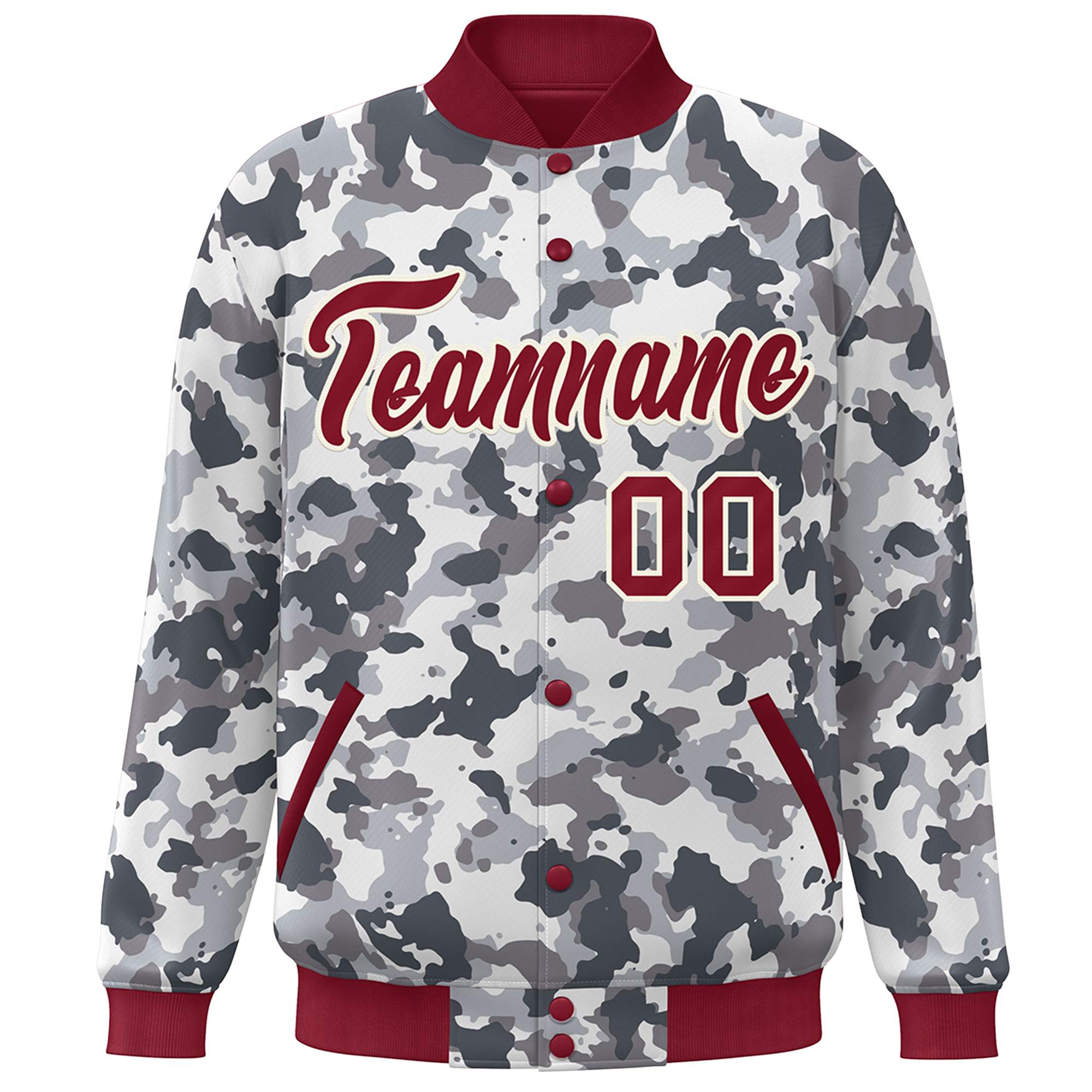 Custom Crimson White Camo Varsity Full-Snap Letterman Bomber Jacket
