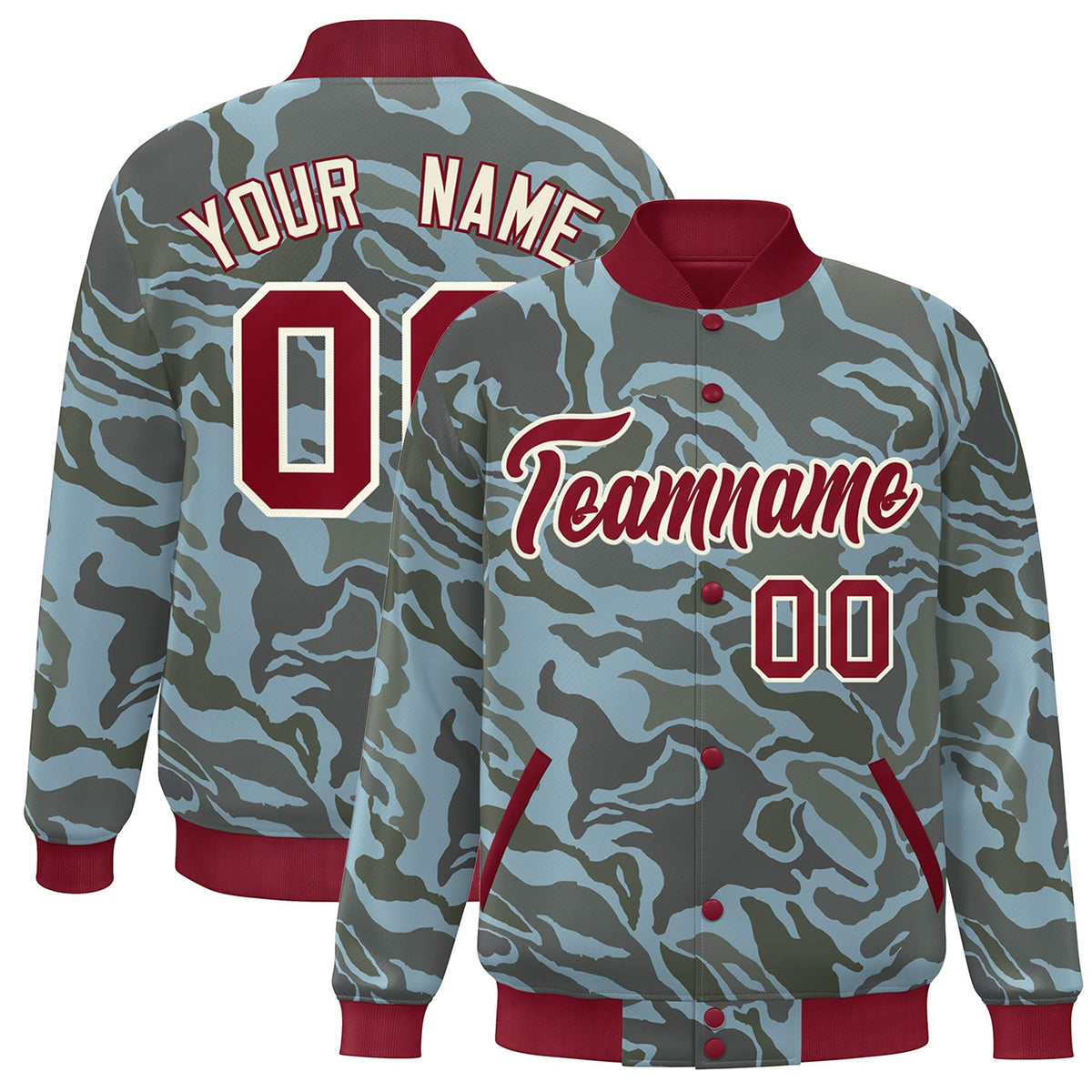Custom Crimson White Camo Varsity Full-Snap Letterman Bomber Jacket