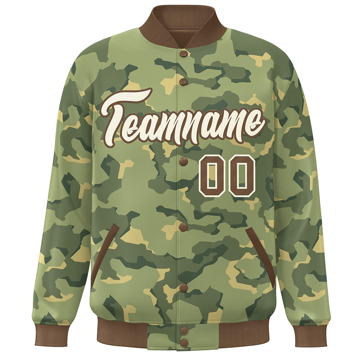Custom Brown White Camo Varsity Full-Snap Letterman Bomber Jacket
