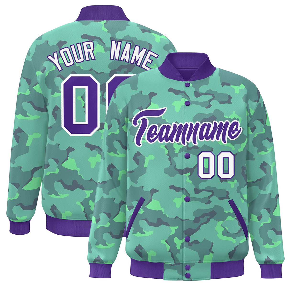 Custom Purple White Camo Varsity Full-Snap Letterman Bomber Jacket