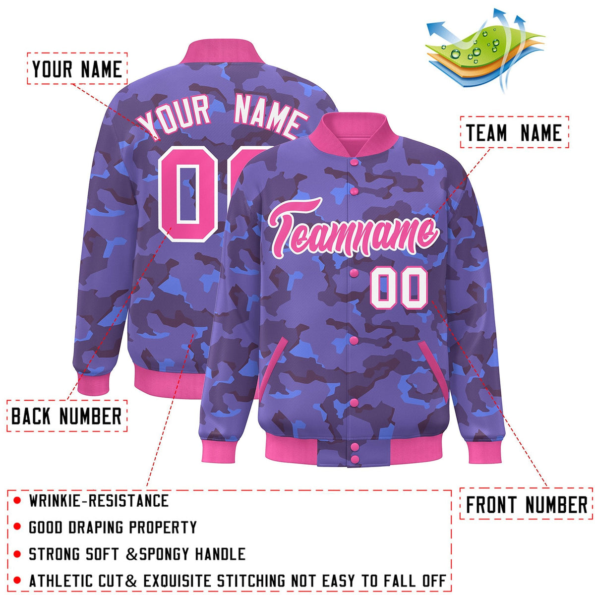 Custom Pink White Camo Varsity Full-Snap Letterman Bomber Jacket
