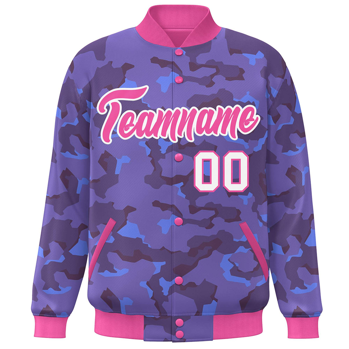 Custom Pink White Camo Varsity Full-Snap Letterman Bomber Jacket