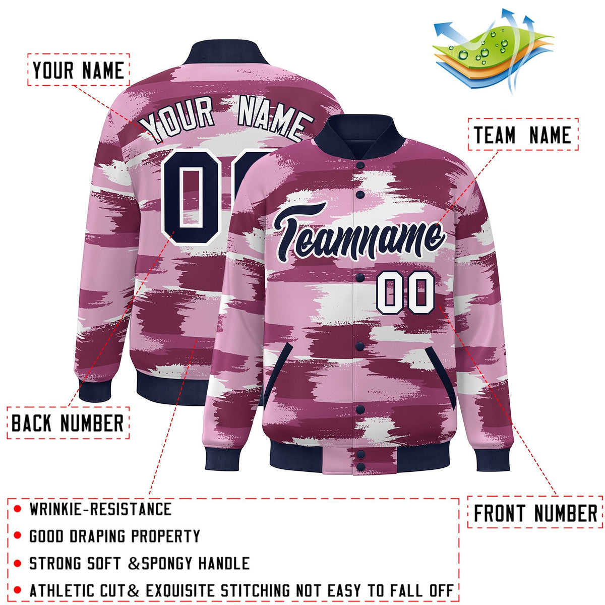 Custom Navy White Camo Varsity Full-Snap Letterman Bomber Jacket