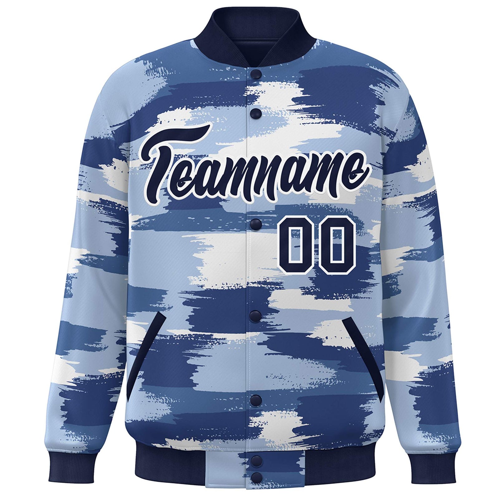 Custom Navy White Camo Varsity Full-Snap Letterman Bomber Jacket