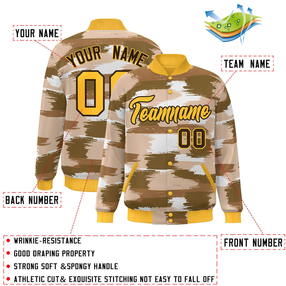 Custom Yellow Brown Camo Varsity Full-Snap Letterman Bomber Jacket