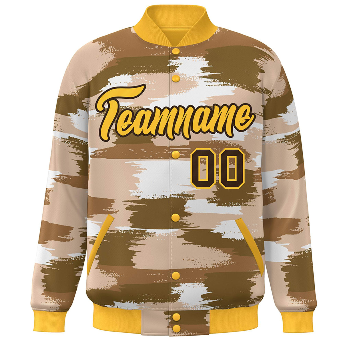 Custom Yellow Brown Camo Varsity Full-Snap Letterman Bomber Jacket