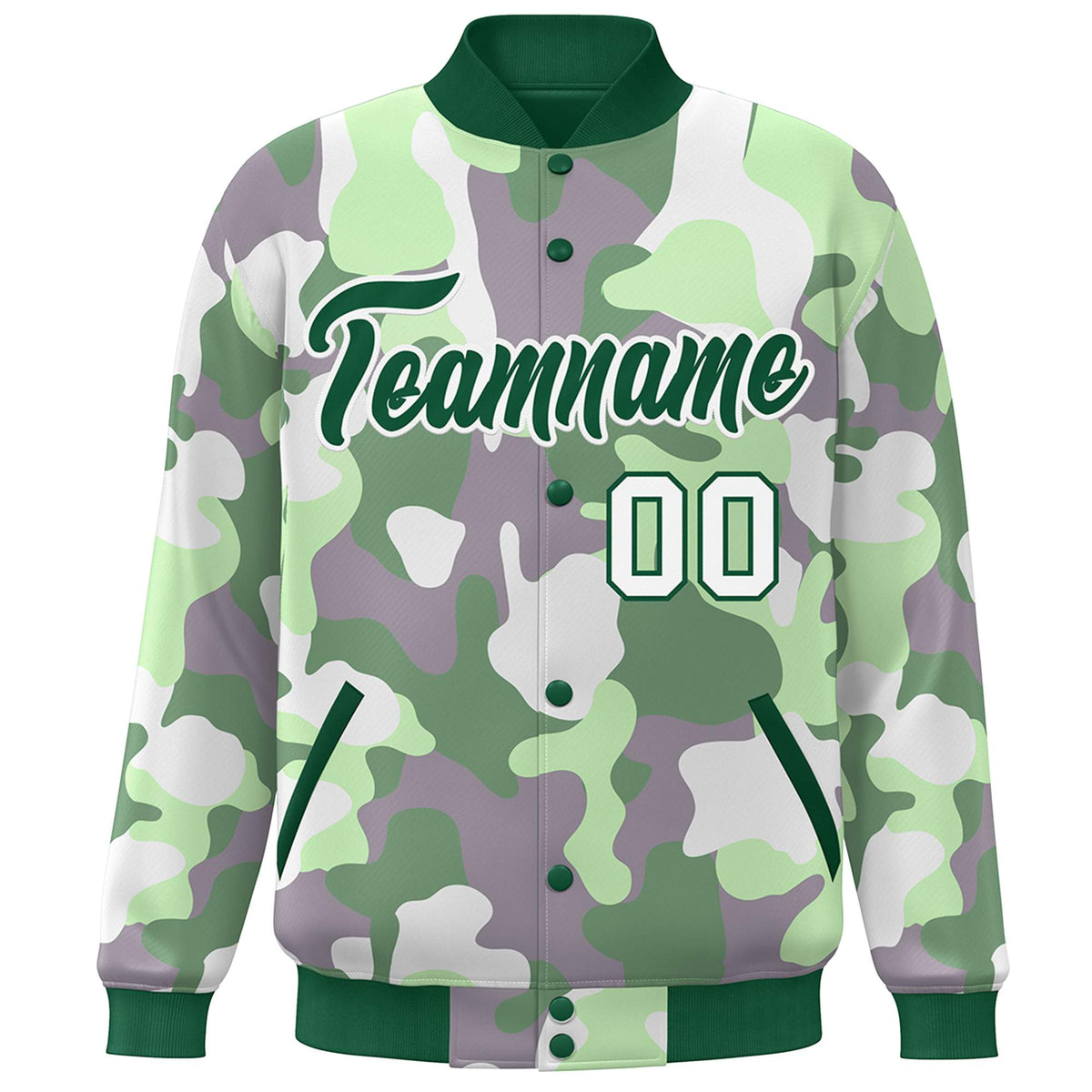 Custom Green White Camo Varsity Full-Snap Letterman Bomber Jacket