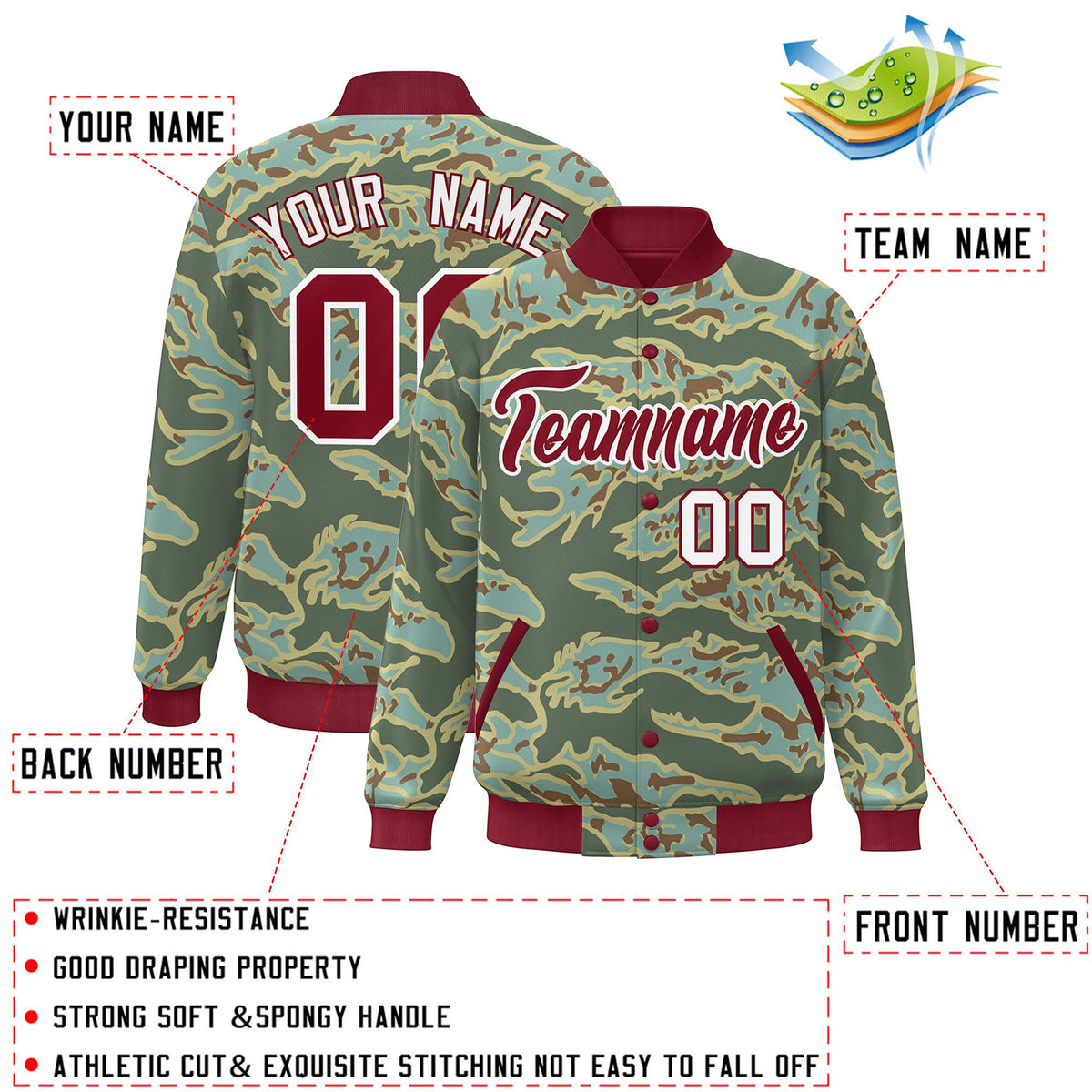 Custom Crimson White Camo Varsity Full-Snap Letterman Bomber Jacket