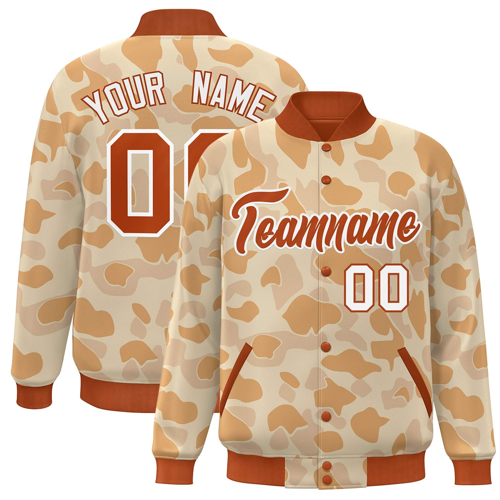 Custom Orange White Camo Varsity Full-Snap Letterman Bomber Jacket