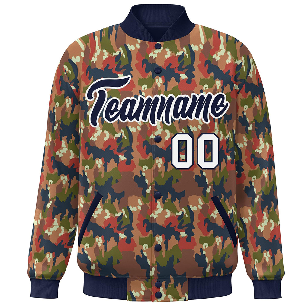 Custom Navy White Camo Varsity Full-Snap Letterman Bomber Jacket