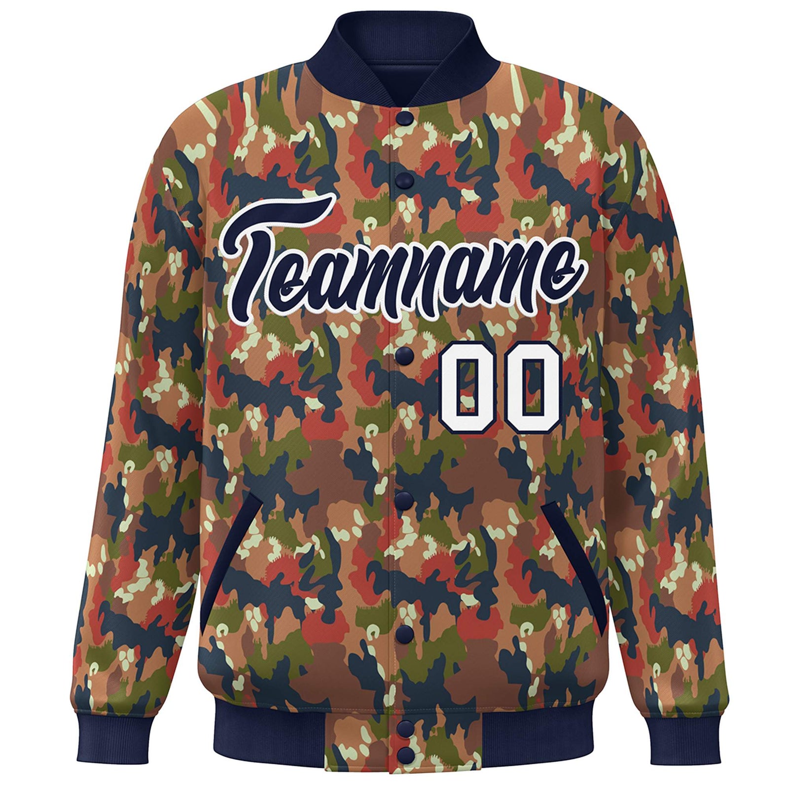 Custom Navy White Camo Varsity Full-Snap Letterman Bomber Jacket