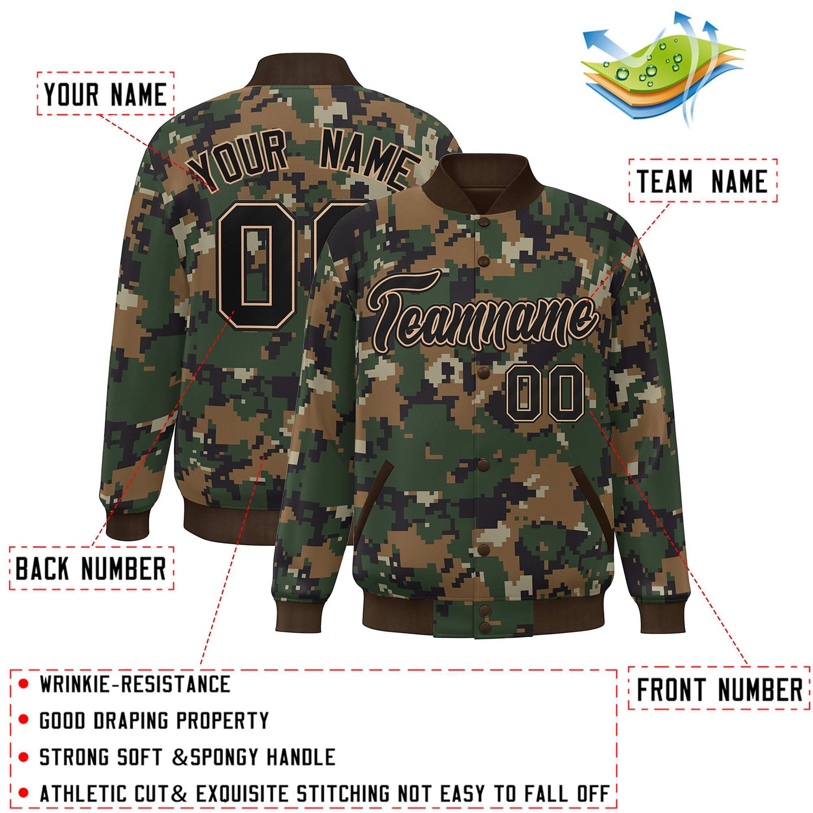 Custom Brown Black Camo Varsity Full-Snap Letterman Bomber Jacket
