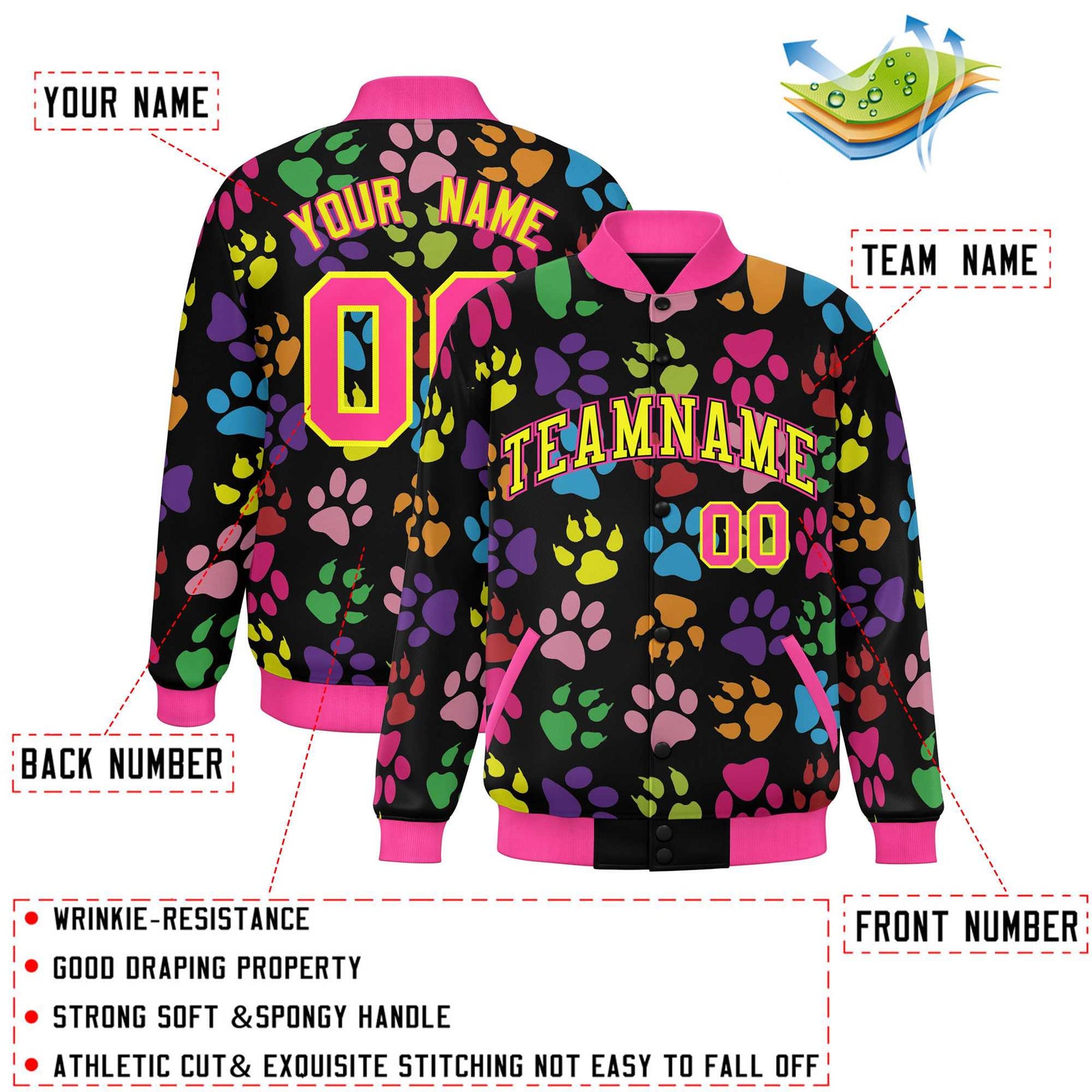 Custom Black Yellow-Pink Varsity Pets Paw Prints Graffiti Pattern Letterman Baseball Jacket