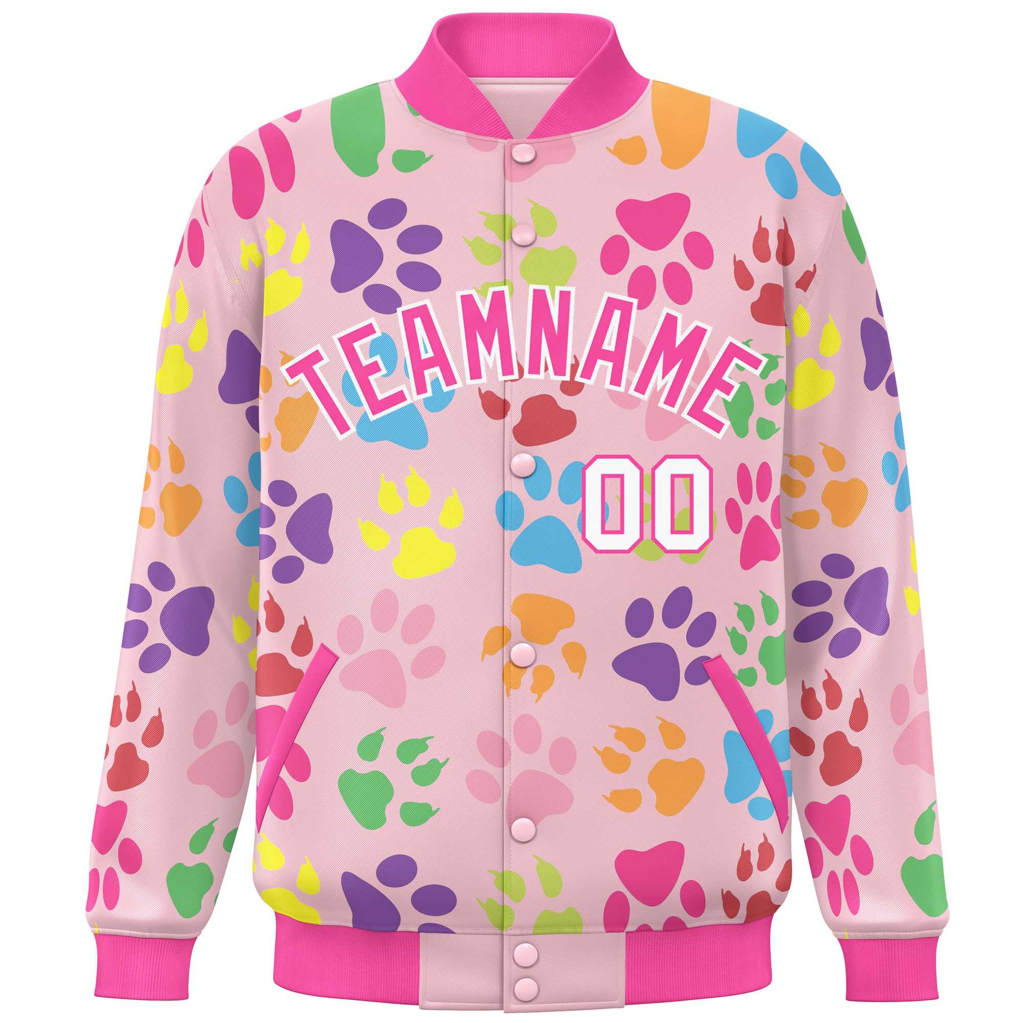 Custom Pink White Varsity Pets Paw Prints Graffiti Pattern Letterman Baseball Jacket