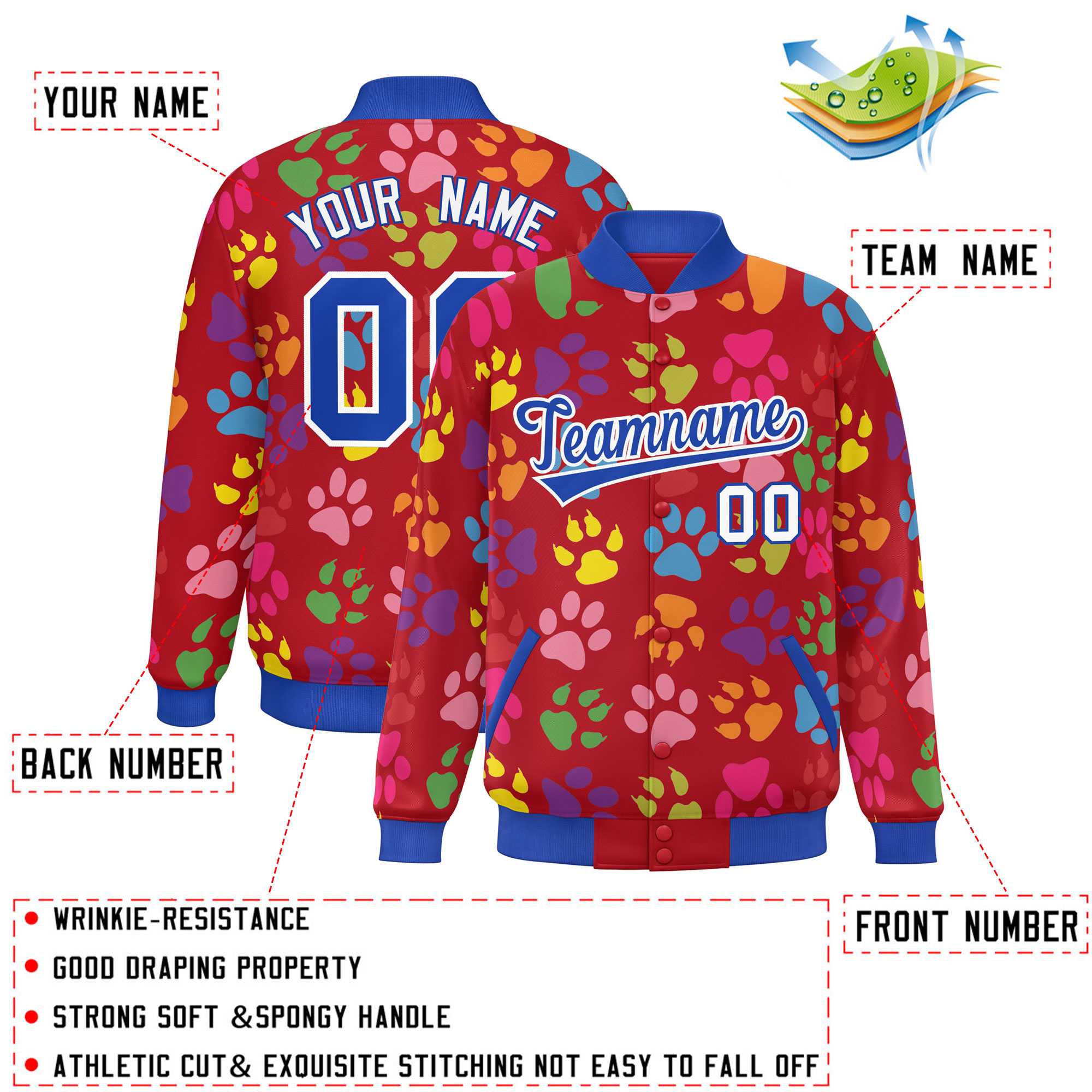 Custom Red Royal-White Varsity Pets Paw Prints Graffiti Pattern Letterman Baseball Jacket