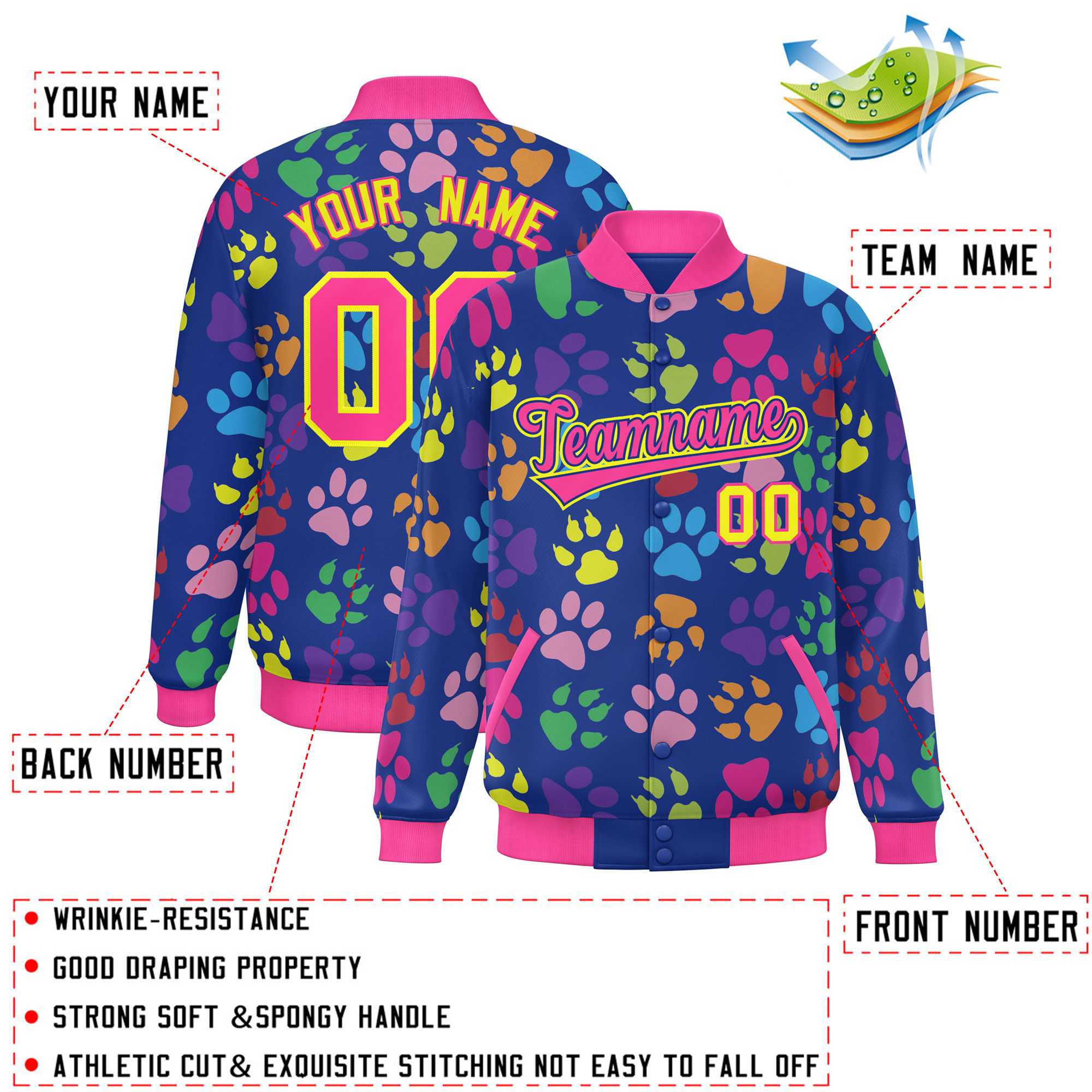 Custom Royal Pink-Yellow Varsity Pets Paw Prints Graffiti Pattern Letterman Baseball Jacket