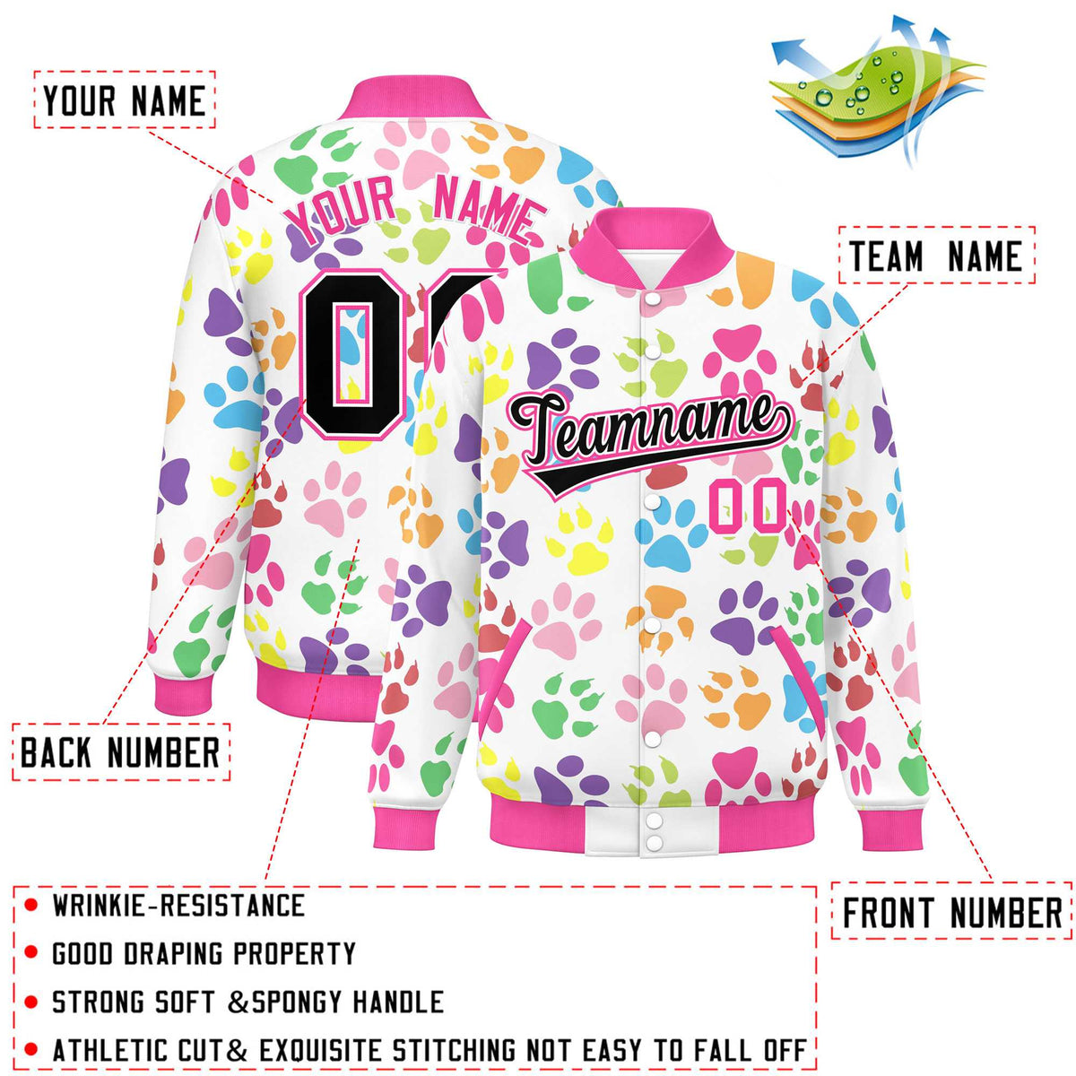 Custom White Black-Pink Varsity Pets Paw Prints Graffiti Pattern Letterman Baseball Jacket